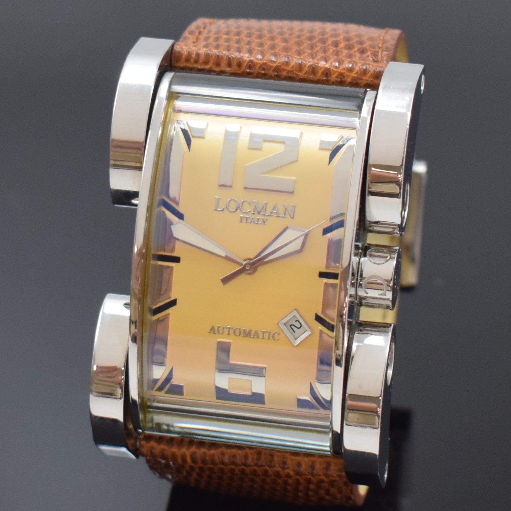 Detail a: LOCMAN Italy Herrenarmbanduhr Latin Lover Reference 500, Italien / Schweiz um 2015, Automatik, großes rechteck. Edelstahlgeh. m. beweglichen ...
