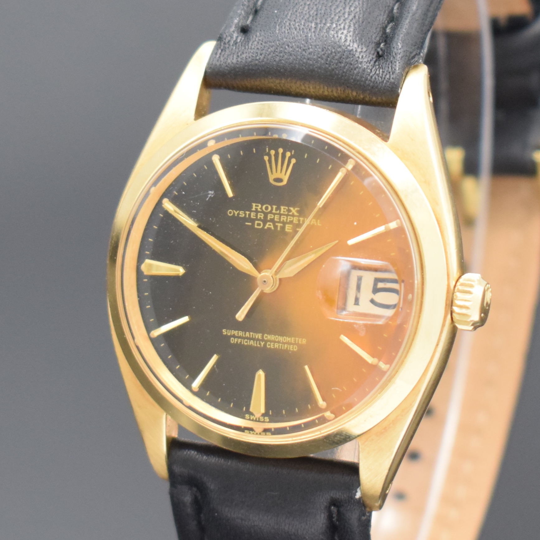 Detail a: ROLEX Oyster Date Referenz 1500/1503 seltene Armbanduhr in GG 750/000, Schweiz um 1962, Oystergeh. m. glatter Lünette, Boden u. Krone verschr., ...