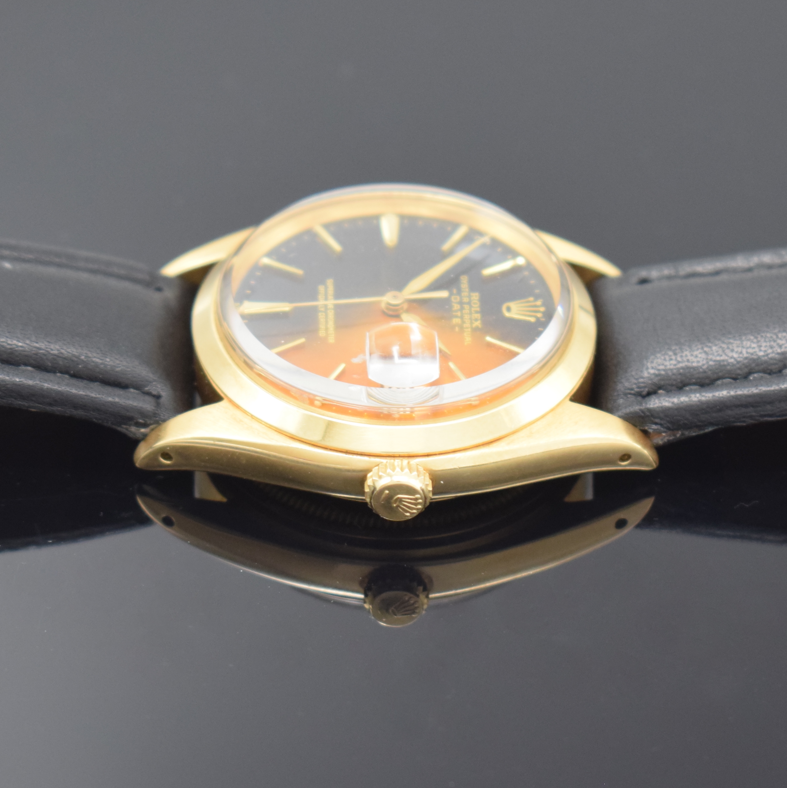 Detail b: ROLEX Oyster Date Referenz 1500/1503 seltene Armbanduhr in GG 750/000, Schweiz um 1962, Oystergeh. m. glatter Lünette, Boden u. Krone verschr., ...