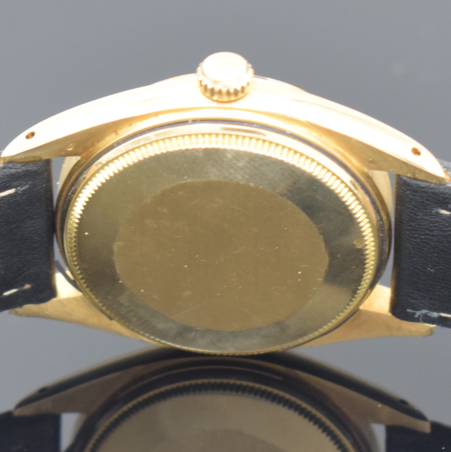 Detail c: ROLEX Oyster Date Referenz 1500/1503 seltene Armbanduhr in GG 750/000, Schweiz um 1962, Oystergeh. m. glatter Lünette, Boden u. Krone verschr., ...