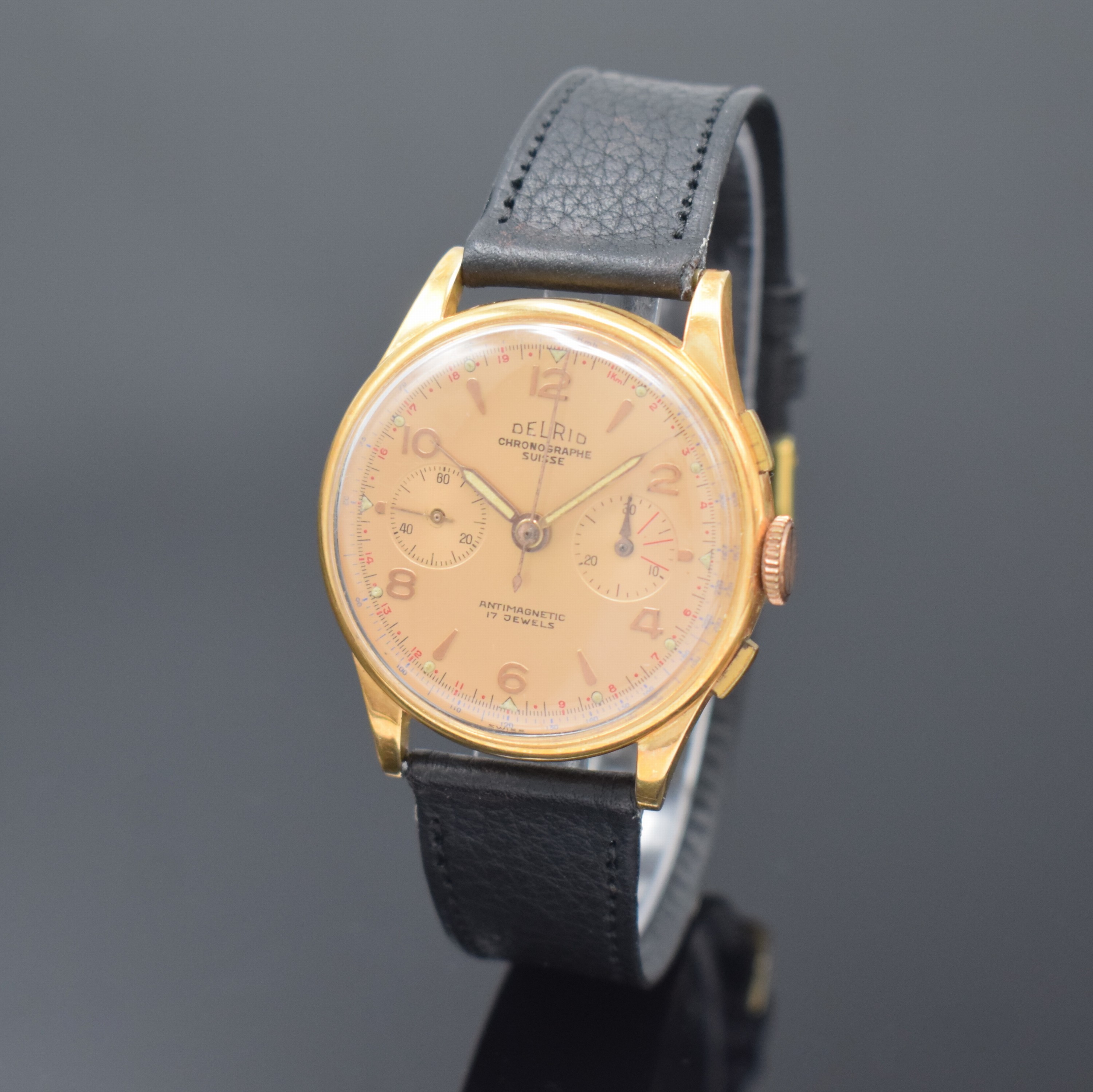 DELRIO Chronographe Suisse Armbandchronograph in RG 750/000, Schweiz um 1945, Handaufzug, großes Geh. dell., Boden u. Glasrand aufgedr., verg. ...