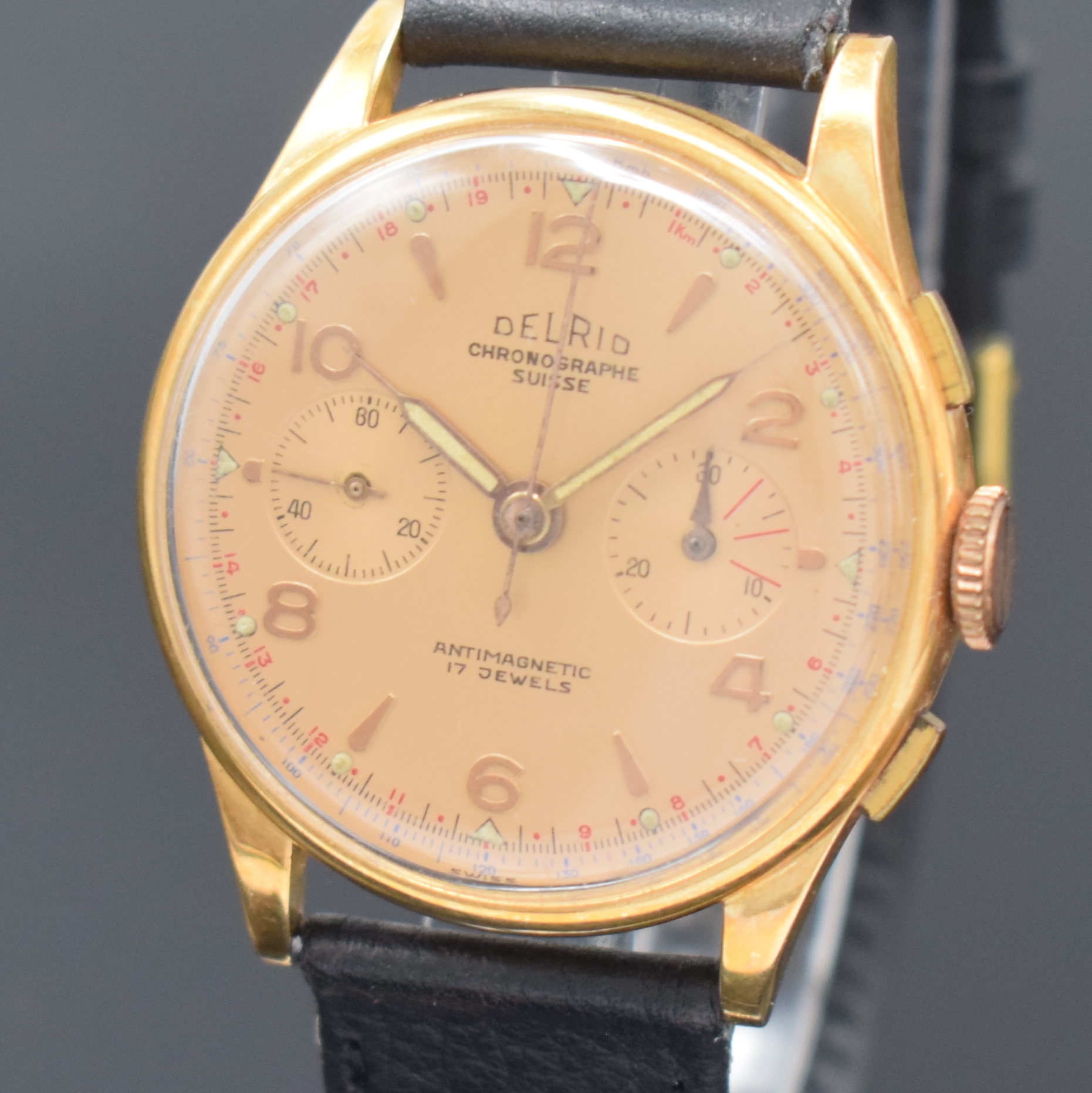 Detail a: DELRIO Chronographe Suisse Armbandchronograph in RG 750/000, Schweiz um 1945, Handaufzug, großes Geh. dell., Boden u. Glasrand aufgedr., verg. ...