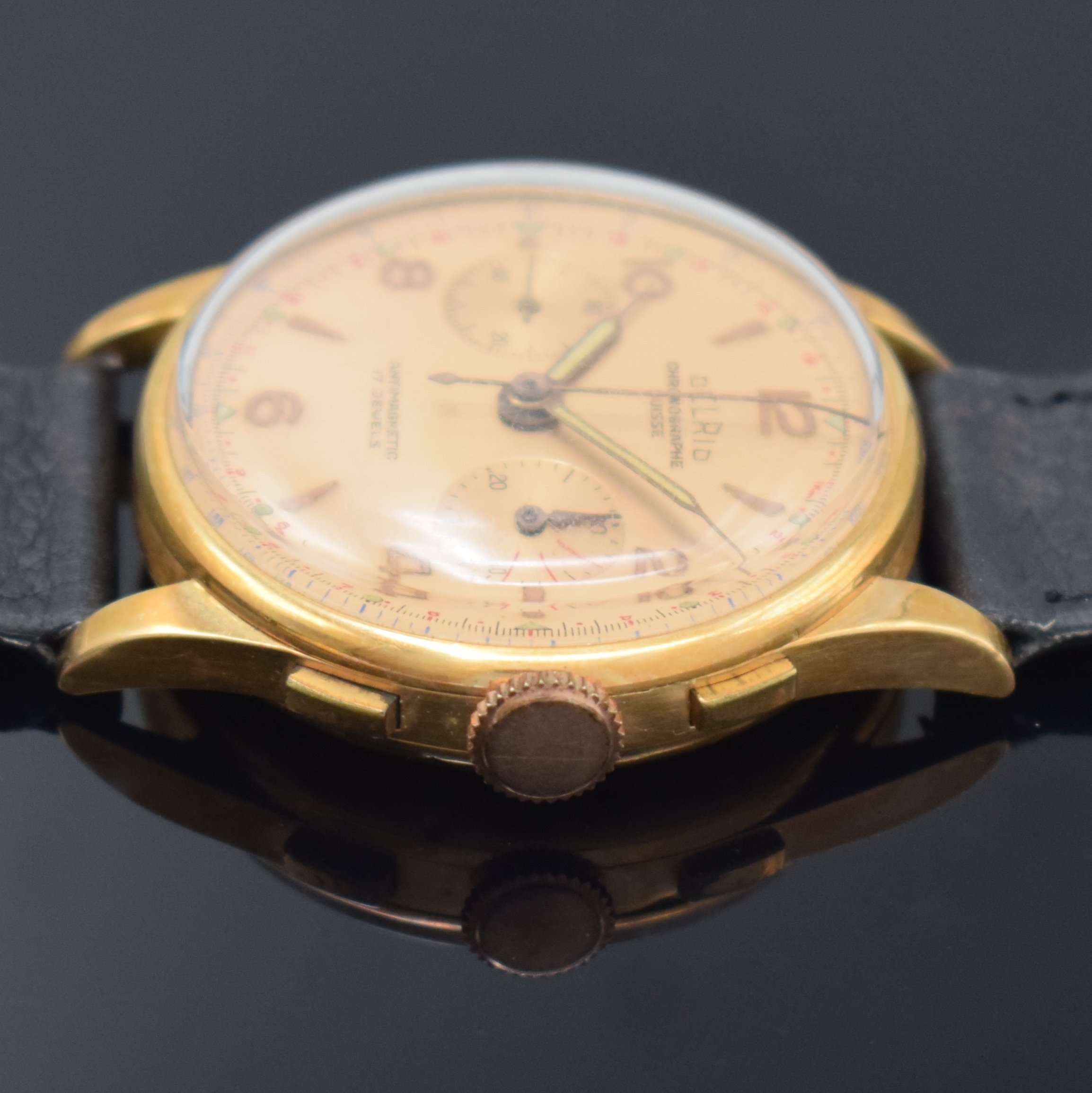 Detail c: DELRIO Chronographe Suisse Armbandchronograph in RG 750/000, Schweiz um 1945, Handaufzug, großes Geh. dell., Boden u. Glasrand aufgedr., verg. ...