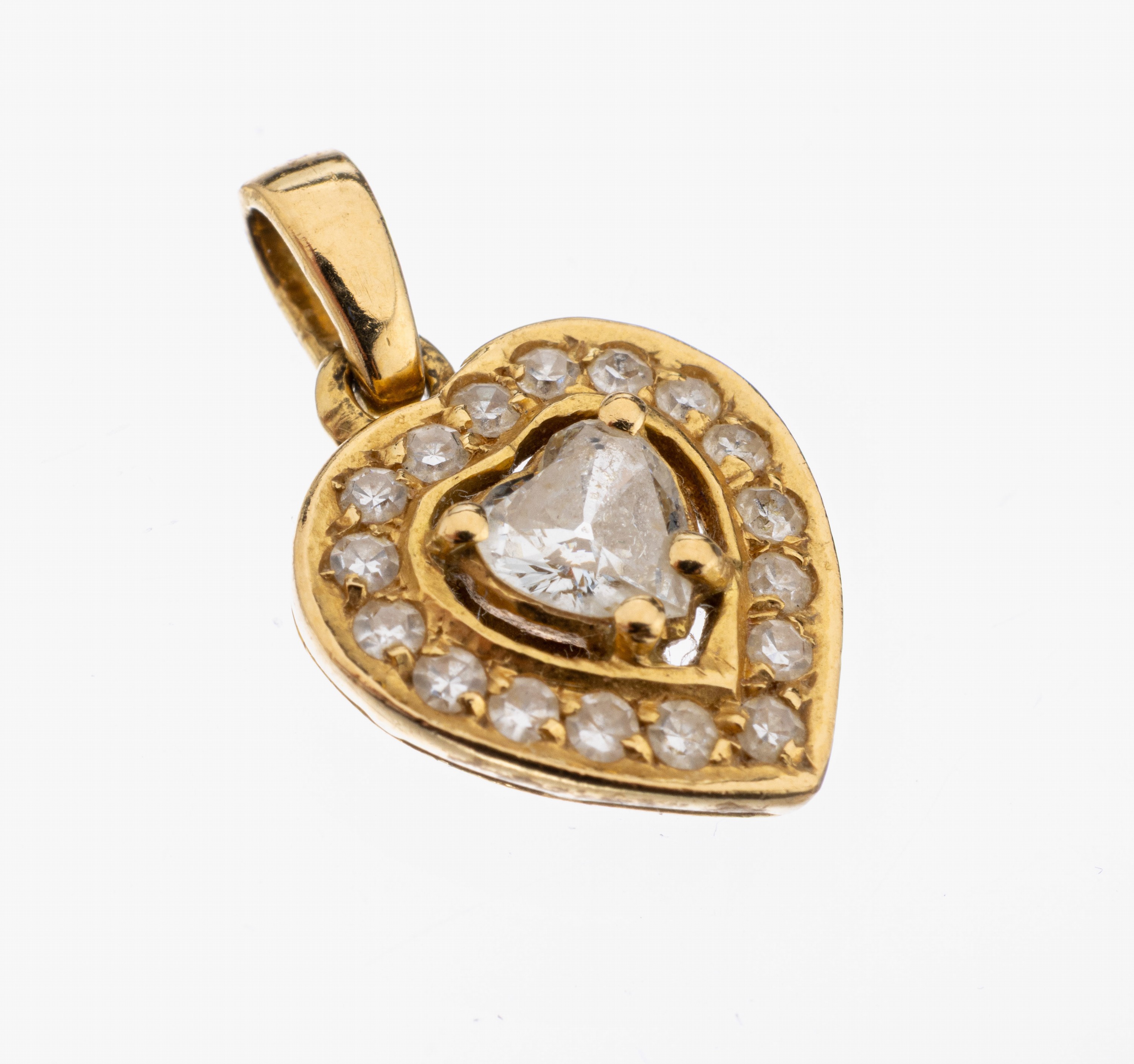 18 kt Gold Diamant-Anhänger "Herz", GG 750/000 gepr., mittig Diamantherz ca. 0.30 ct Weiß/si, 17 8/8-Diamanten zus. ca. 0.17 ct ...