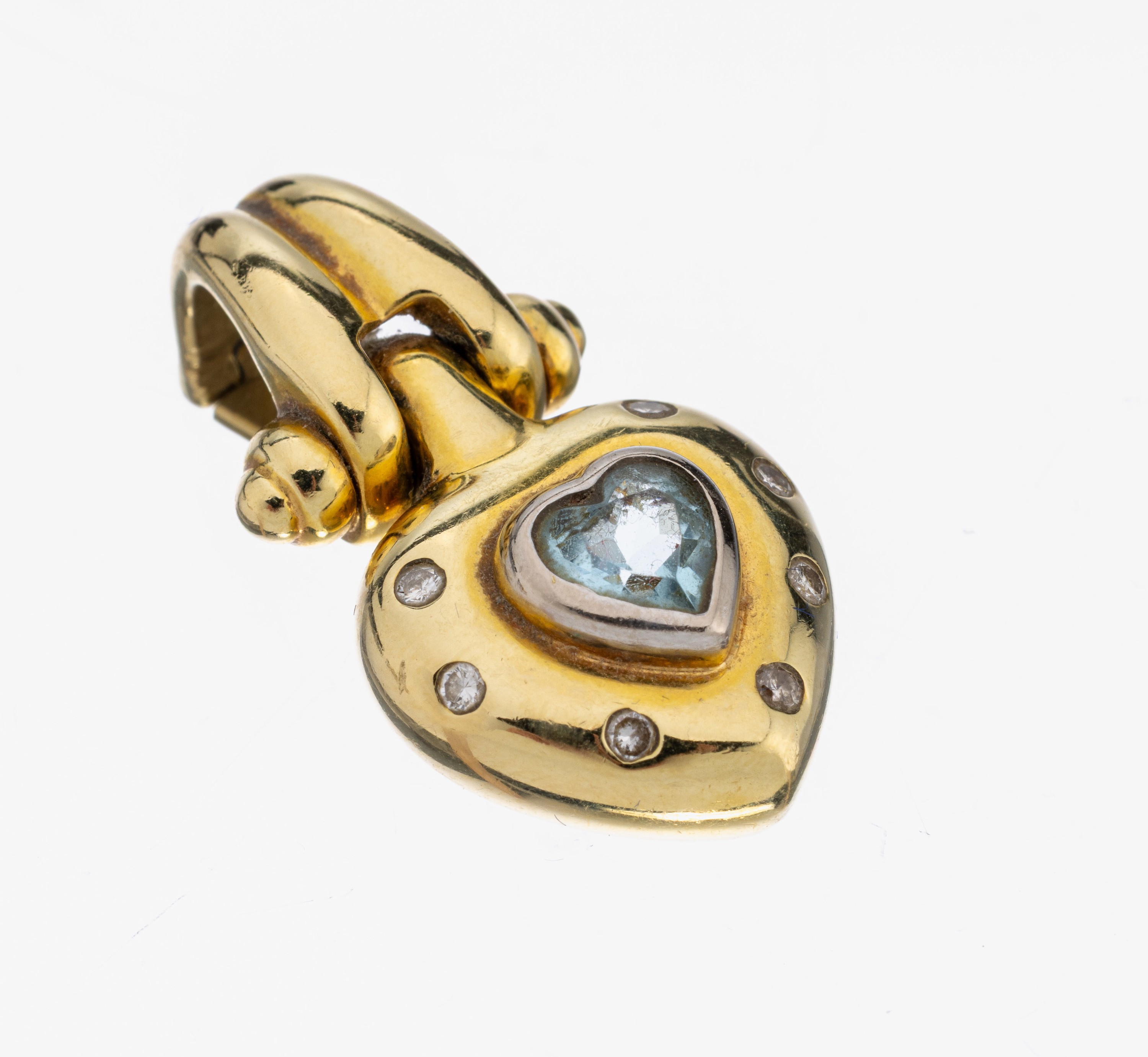 14 kt Gold Aquamarin-Brillant-Clipanhänger, "Herz", GG/WG 750/000, mittig facett. Aquamarin-Herz ca. 1.0 ct, 7 Brillanten zus. ca. 0.11 ...