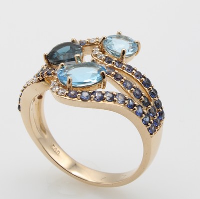 Image Ring mit Farbsteinen und Brillanten, RoséG 585/000, Topase (beh.) u. Saphire zus. ...
