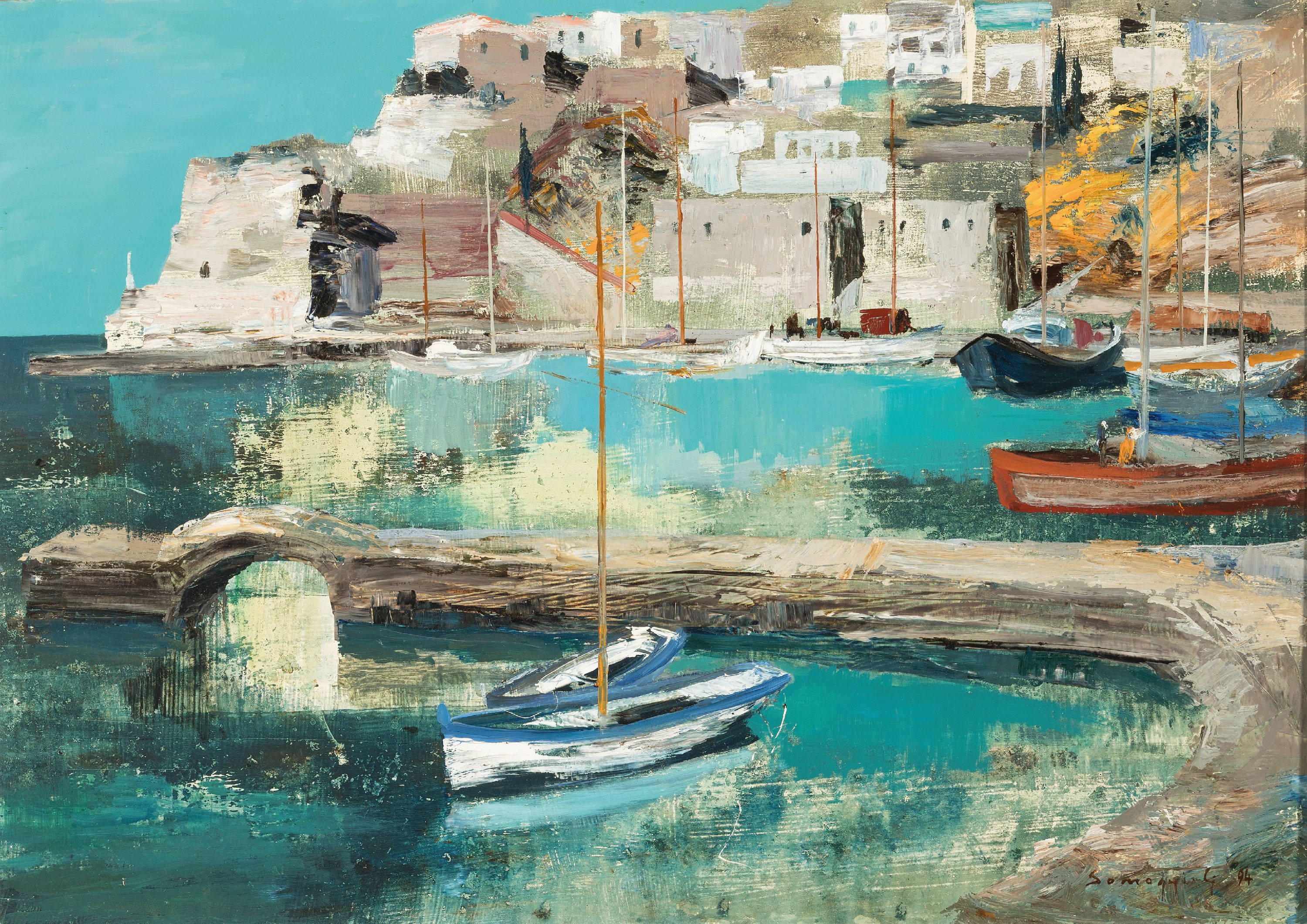 G. Somogyi, datiert (19)94, Südliche Hafenstadt mit Fischerbooten, Öl/Hartfaser, rechts unten sign., ca.50x70cm, R. ca. 61x81cm