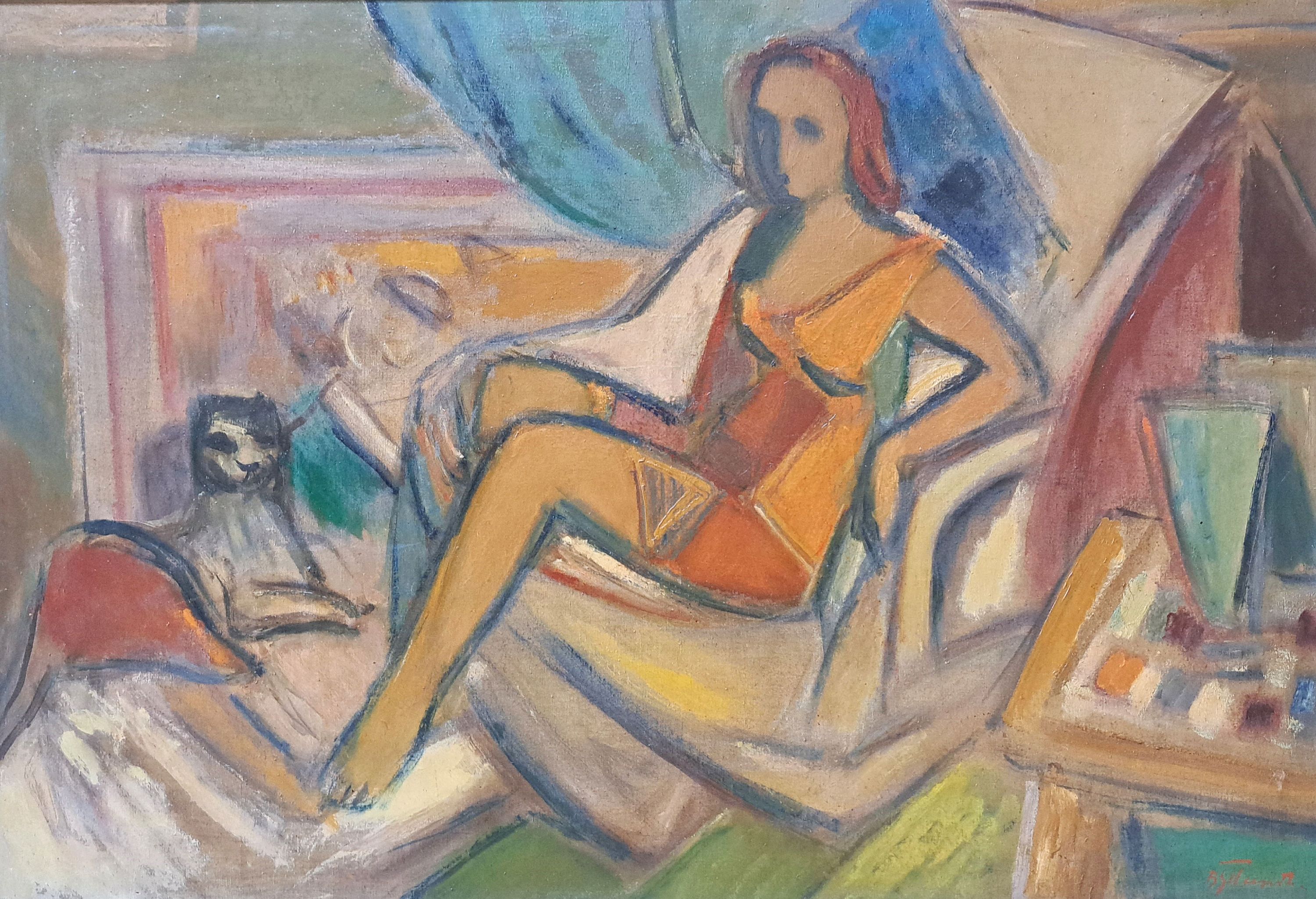Detail k: Johann Hermann Baptist Hundt, 1894 Mülheim/Ruhr-1974 Plettenberg, Interieur mit Frau im Sessel und Katze, Öl/Lwd, rechts unten sign., ca. 75x110cm, ...