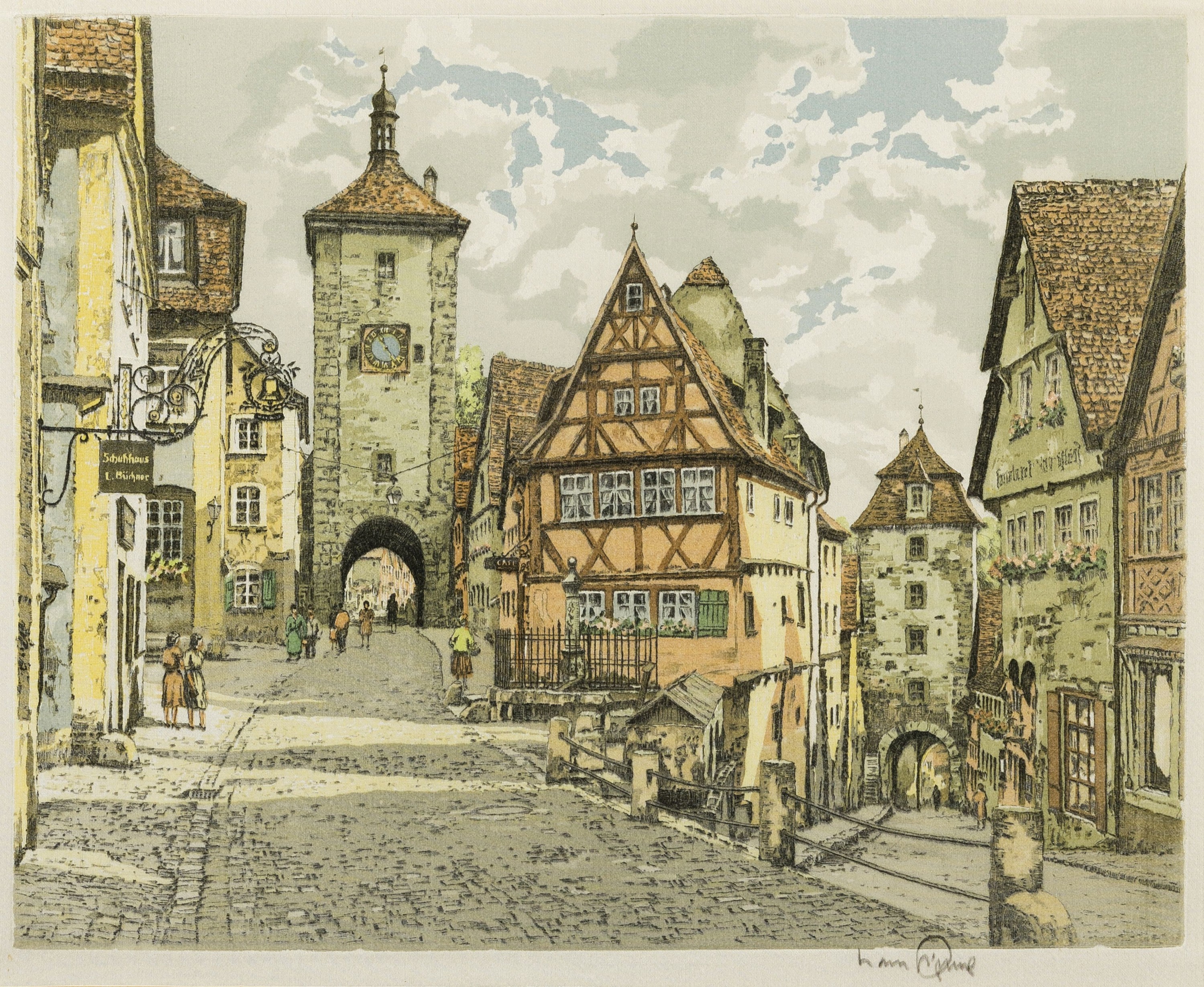 Hans Figura, 1898 Nagykikinda/Banat-1997 Hamburg, Plönlein-Rothenburg ob der Tauber, Farbradierung, sign. ca. 26x33cm, PP, u.Gl., R. ca. 51x61cm
