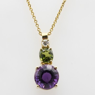 Image Anhänger mit Amethyst, Peridot und Brillanten an Kette, GG 585/000, Farbsteine zus. ...