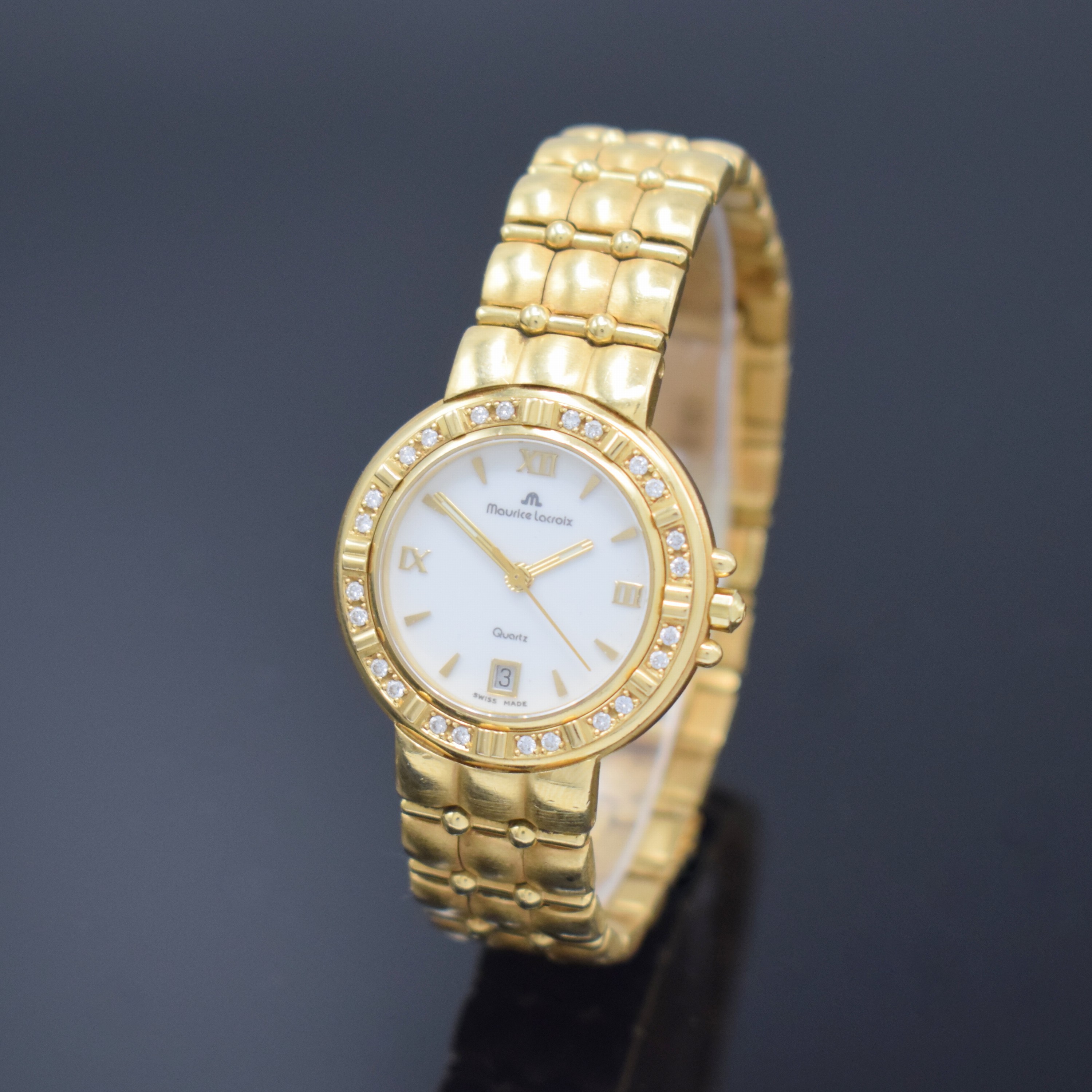 MAURICE LACROIX Damenarmbanduhr Calypso in GG 750/000 mit Brillanten, quarz, Schweiz um 2000, Boden aufgedr., Gliederband m. dopp. Faltschl., ...