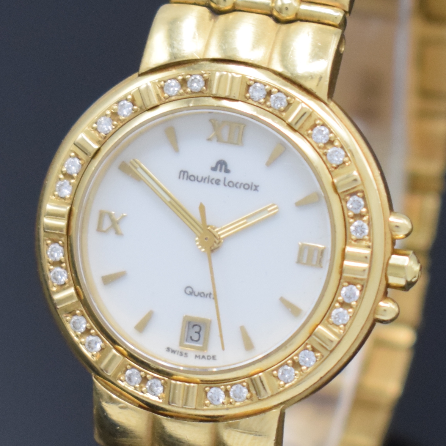 Detail a: MAURICE LACROIX Damenarmbanduhr Calypso in GG 750/000 mit Brillanten, quarz, Schweiz um 2000, Boden aufgedr., Gliederband m. dopp. Faltschl., ...