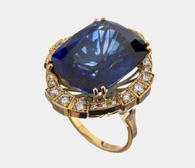 Image 26912915 - 18 kt Gold Brillant-Saphir-Ring, GG 750/000, ovalfacett. Saphir (beh.) ca. 43.50 ct, 24 ...