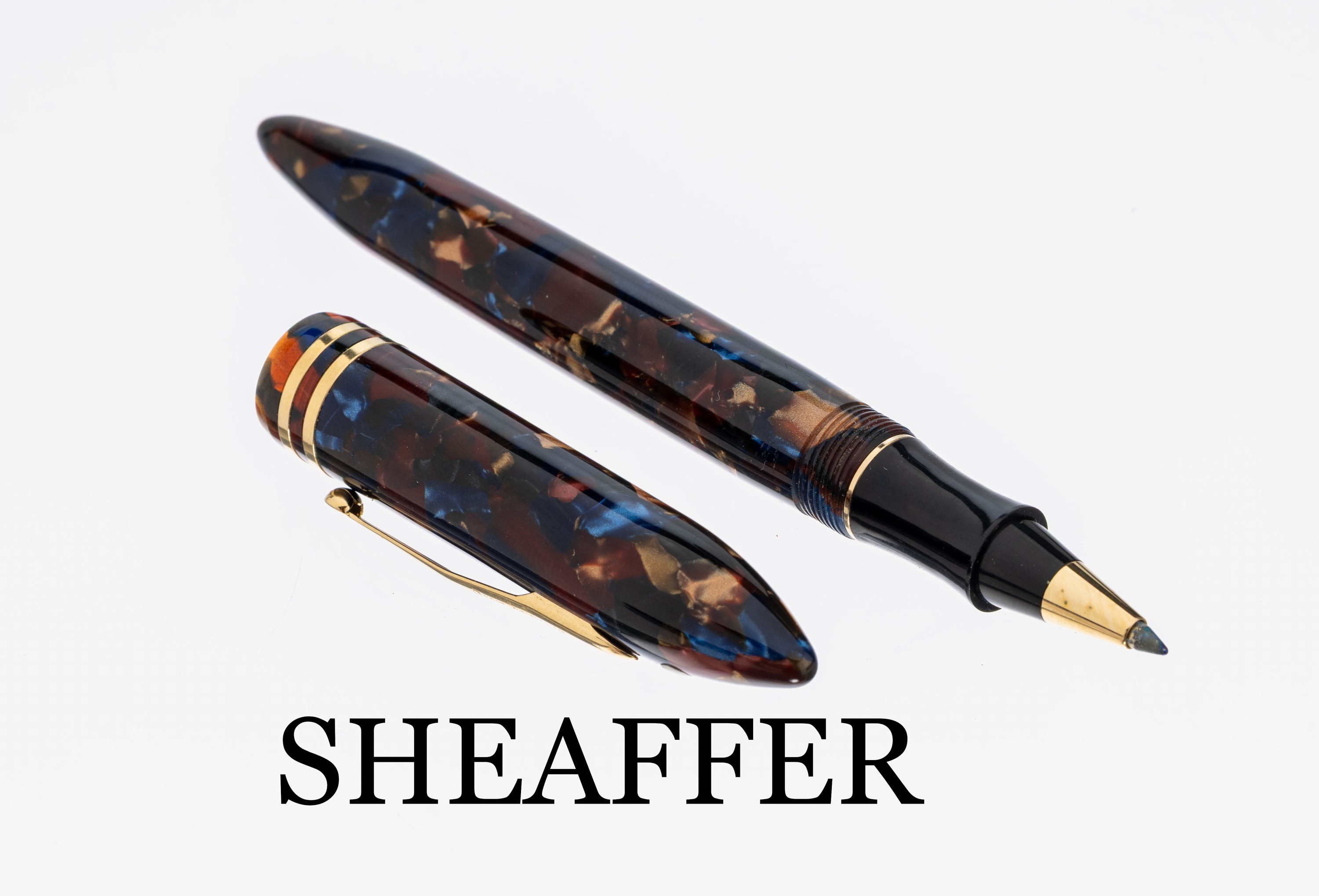 SHEAFFER Ball Pen, Special Edition, Balance, white dot, Metall vergoldet, blau-braun marmorierter Edelharz, neuwertiger Zustand, orig. Etui