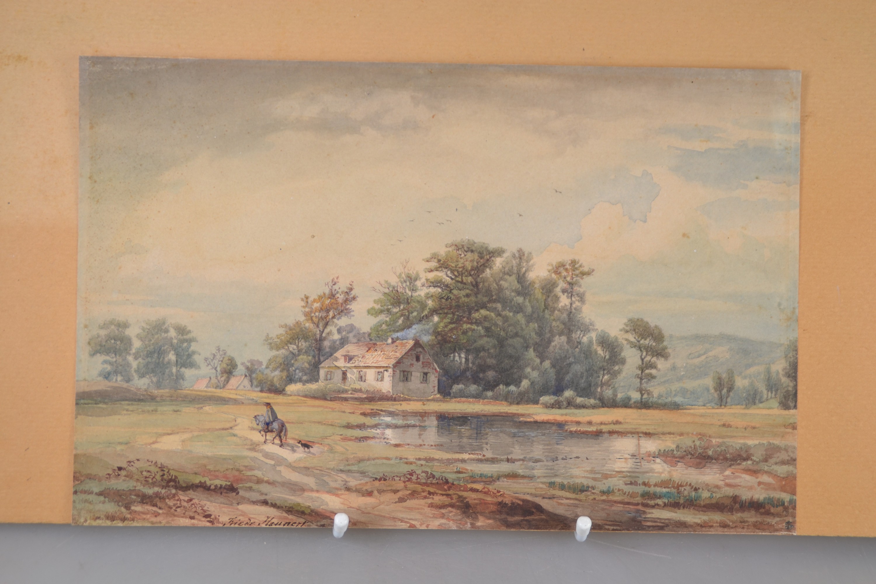 Detail a: Friedrich Heunert, 1808 Soest-1876 Düsseldorf, Aquarell, niederrheinische Landschaft mit Gehöft und Reiter, links unten signiert Friedr. Heunert, ...