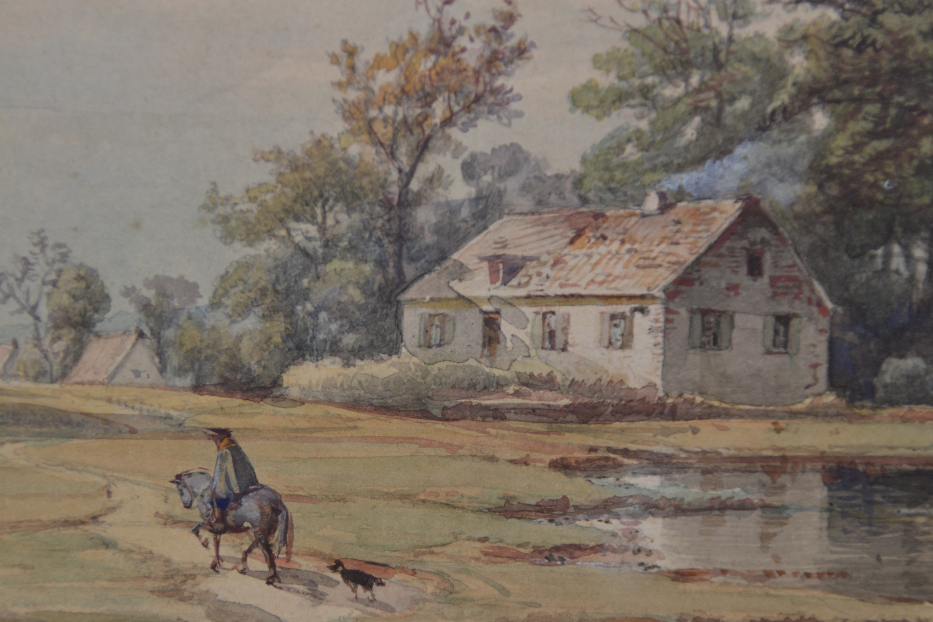 Detail b: Friedrich Heunert, 1808 Soest-1876 Düsseldorf, Aquarell, niederrheinische Landschaft mit Gehöft und Reiter, links unten signiert Friedr. Heunert, ...