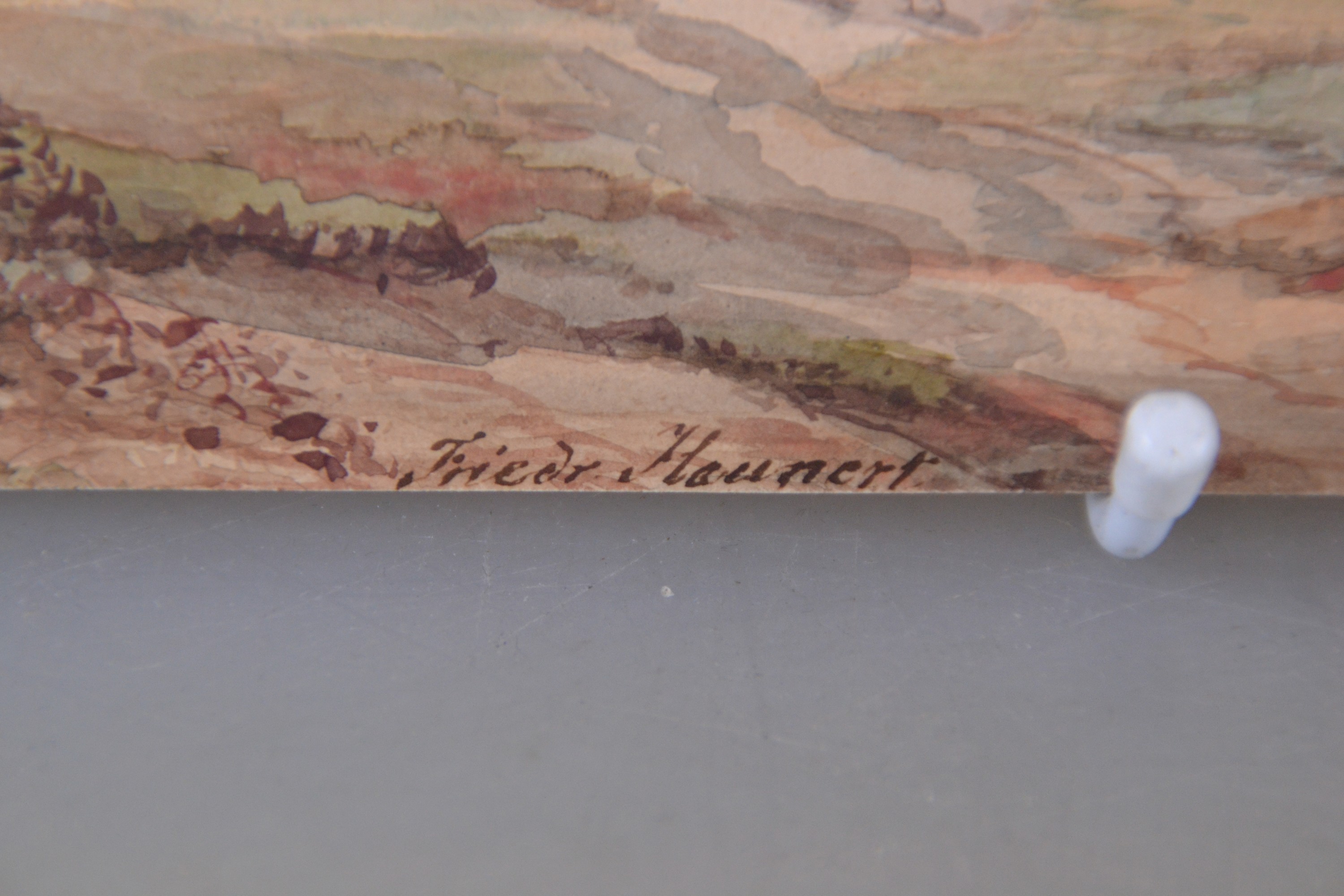 Detail d: Friedrich Heunert, 1808 Soest-1876 Düsseldorf, Aquarell, niederrheinische Landschaft mit Gehöft und Reiter, links unten signiert Friedr. Heunert, ...