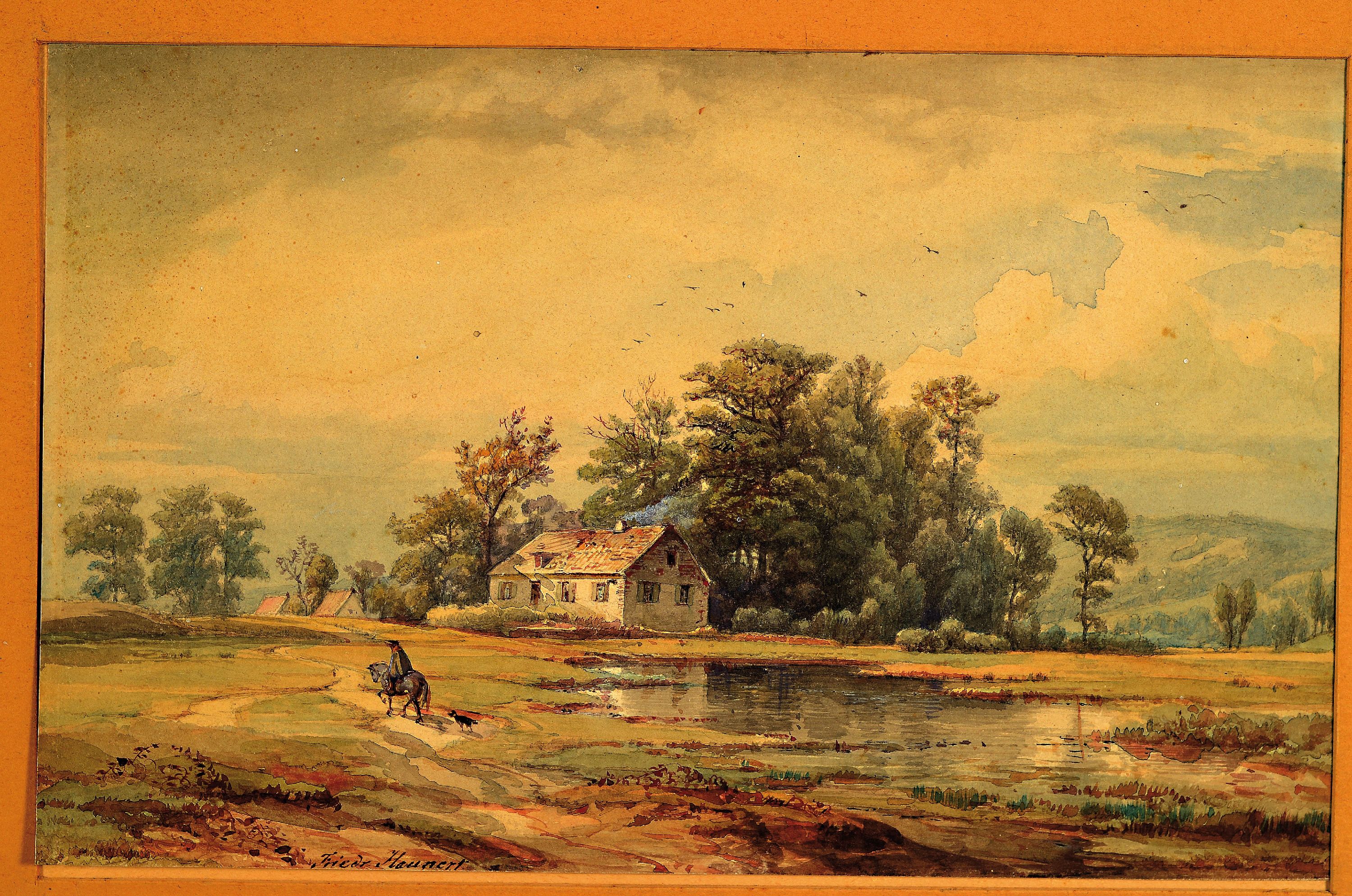 Detail k: Friedrich Heunert, 1808 Soest-1876 Düsseldorf, Aquarell, niederrheinische Landschaft mit Gehöft und Reiter, links unten signiert Friedr. Heunert, ...