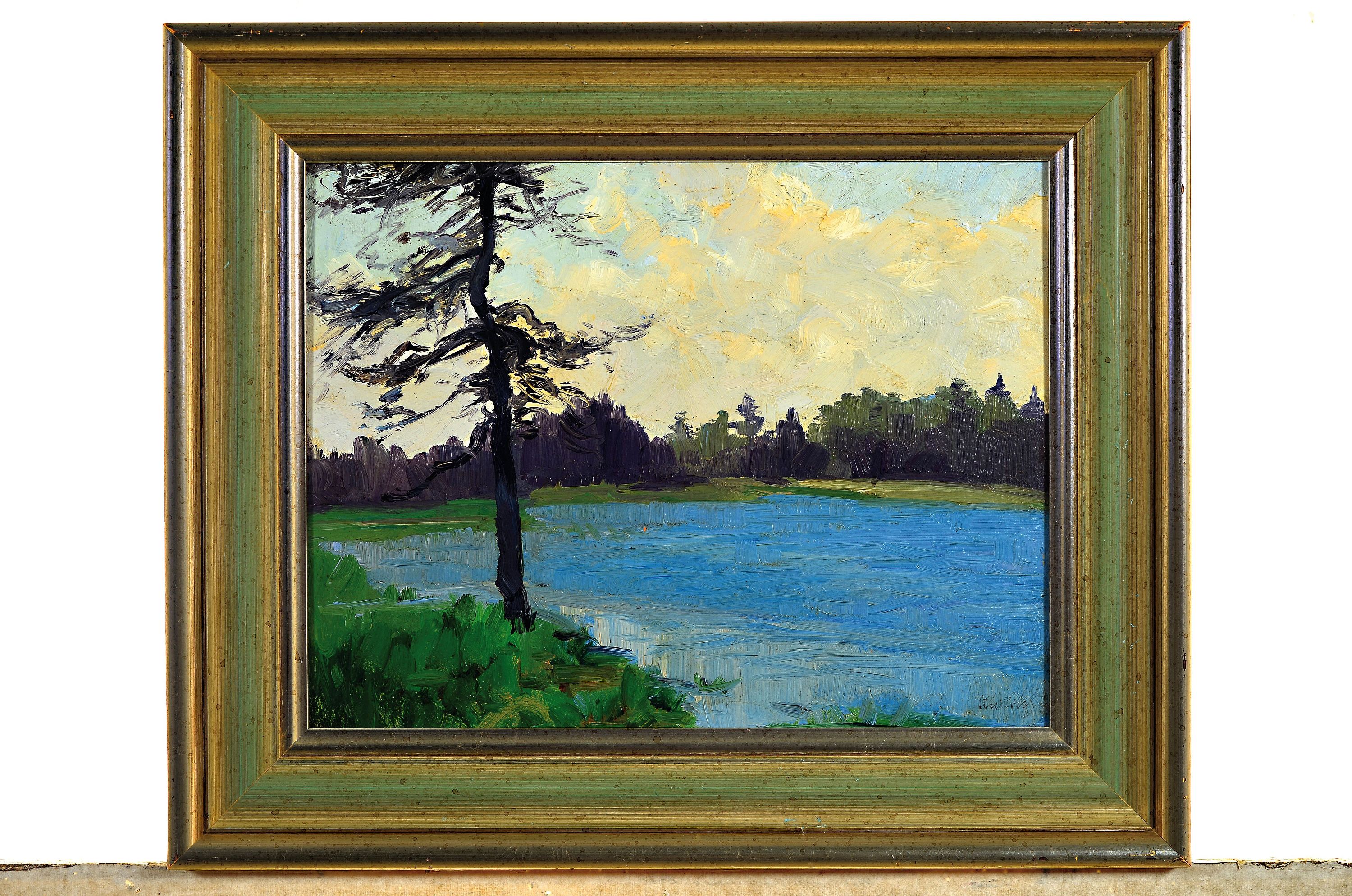 Detail k: Gustav Kullrich, 1888-1938 Karlsruhe, Seenlandschaft, rechts unten signiert, Öl/Platte, verso Künstleretikett, 29x37 cm, Rahmen 40x50 cm
