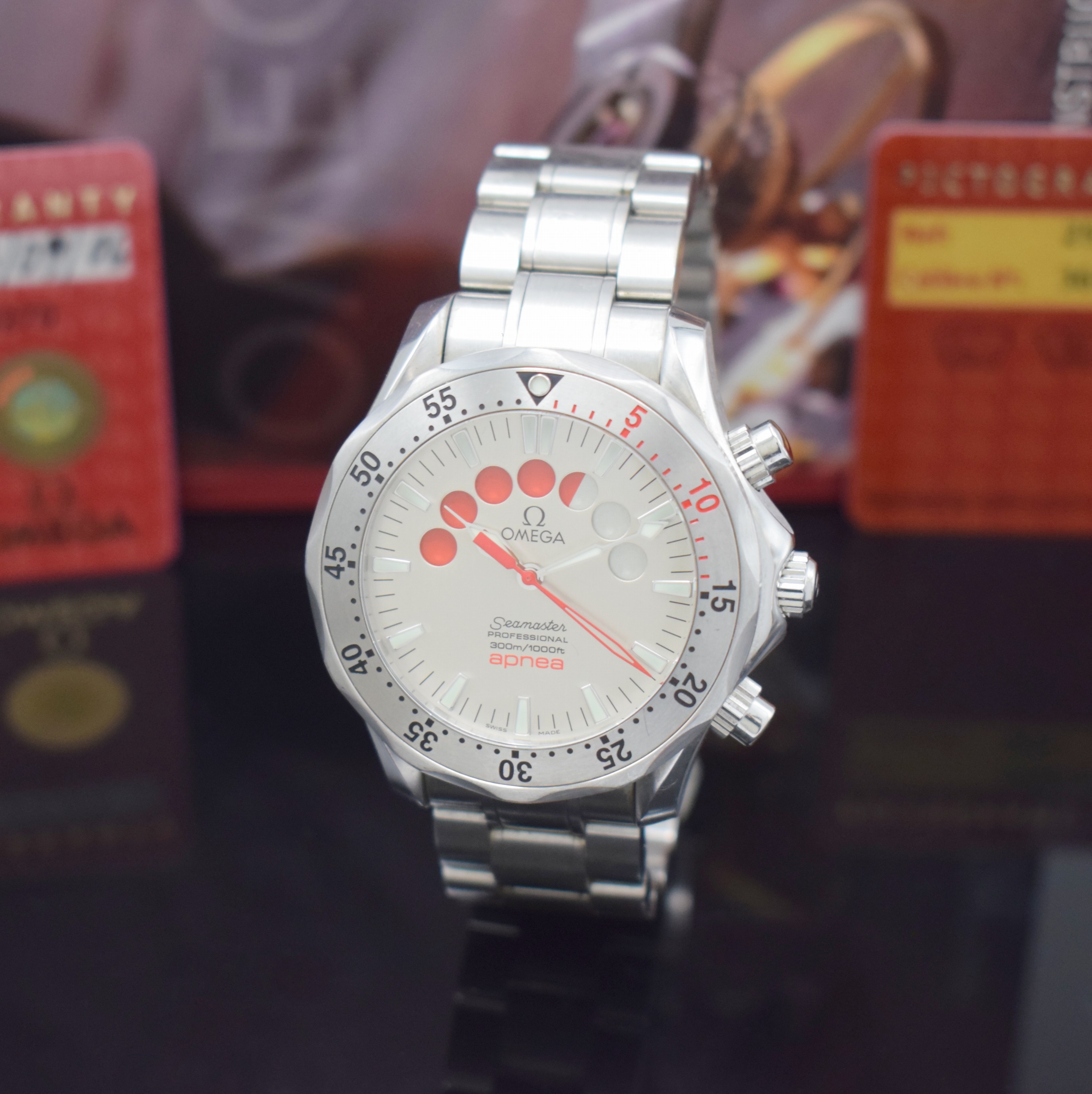 OMEGA Seamaster Apnea Jacques Mayol Armbandchronograph in Stahl Referenz 2595.30.00, Schweiz verk. lt. Pap. 09/2006, Automatik, Stahlgeh., Boden u. ...