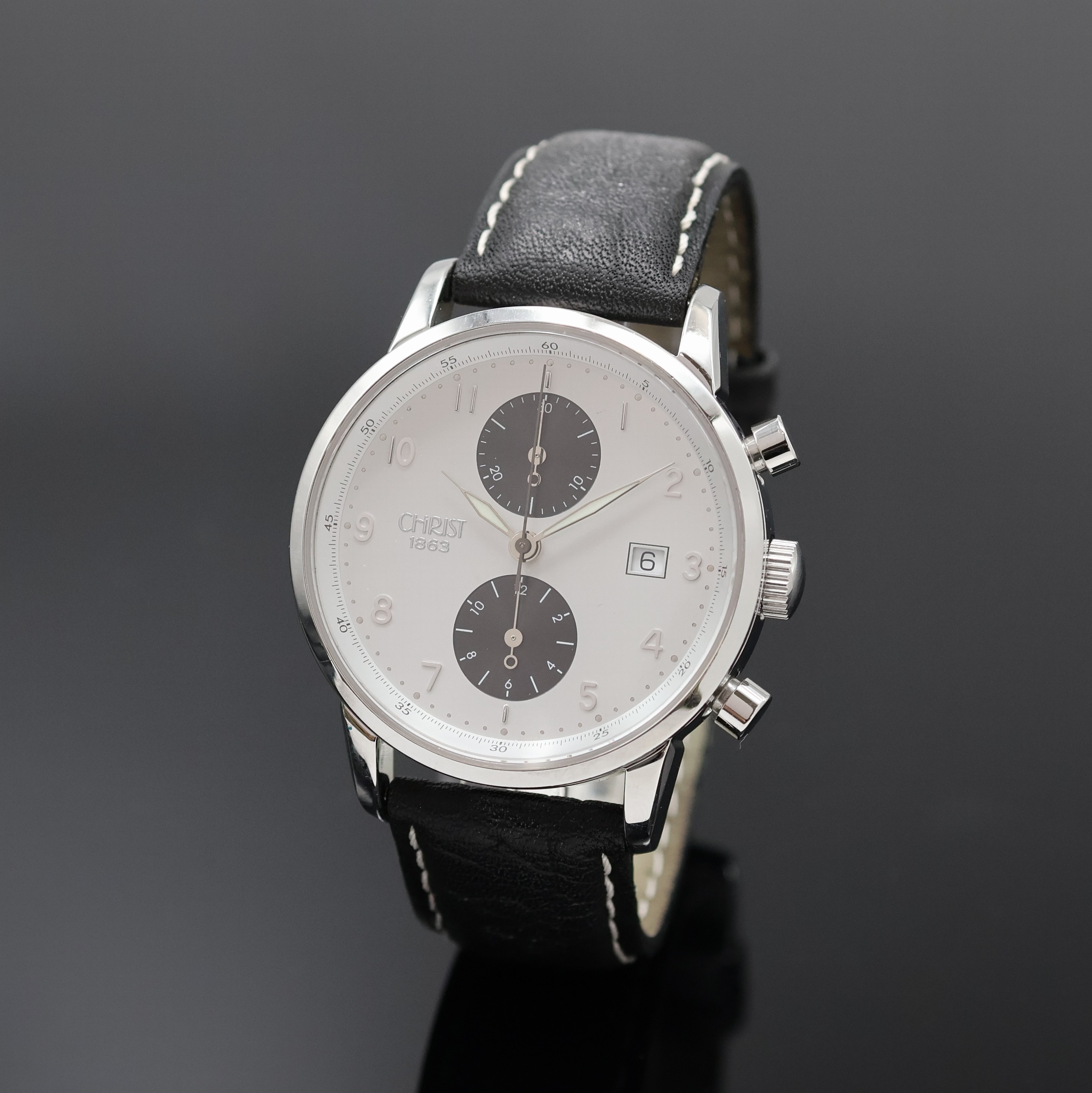 CHRIST Armbandchronograph, Automatik, Deutschland/Schweiz um 2010, Edelstahlgeh. inkl. Lederband, Boden aufgedr., silb. Zifferbl. m. schwarzen ...