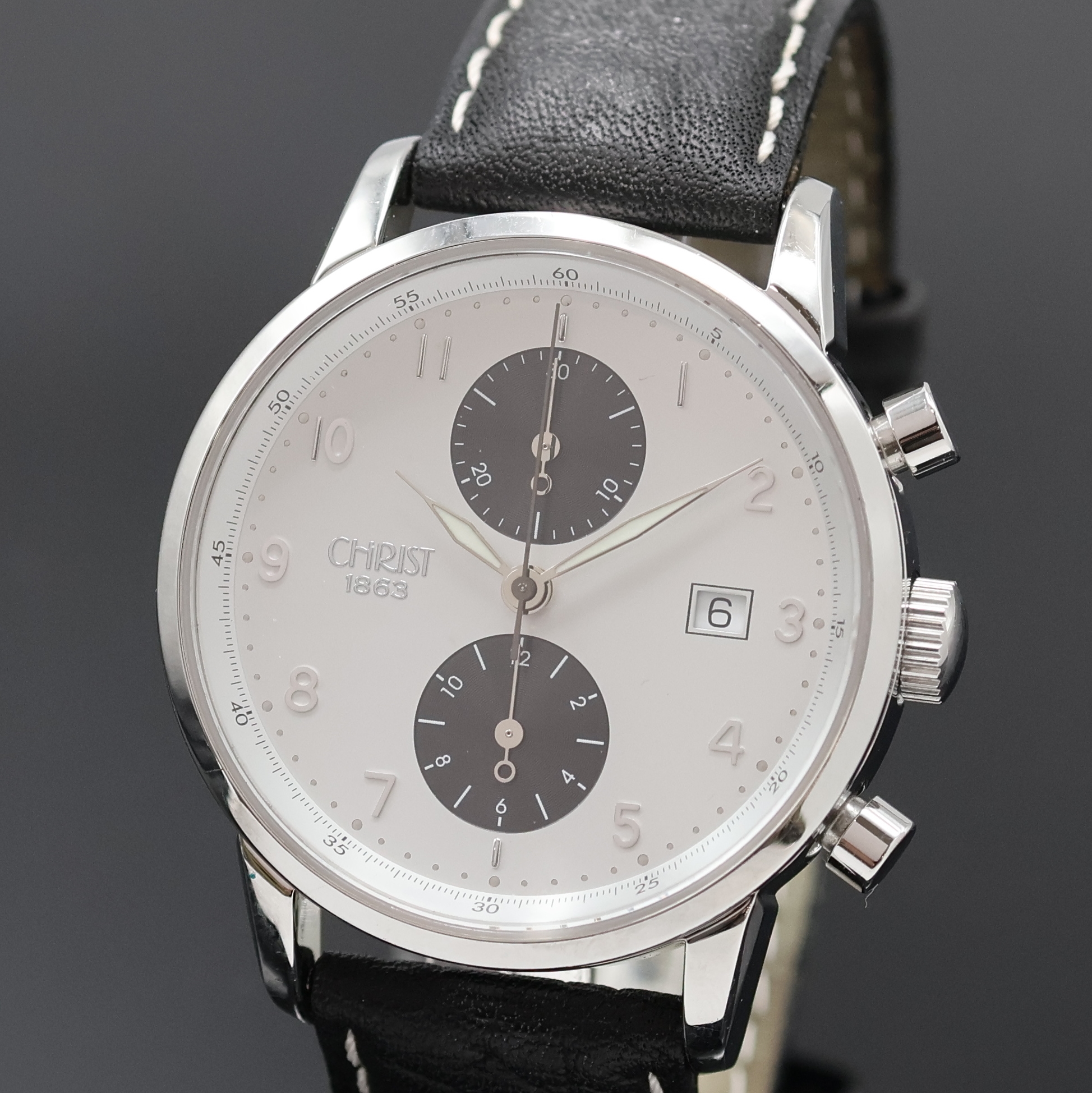 Detail a: CHRIST Armbandchronograph, Automatik, Deutschland/Schweiz um 2010, Edelstahlgeh. inkl. Lederband, Boden aufgedr., silb. Zifferbl. m. schwarzen ...