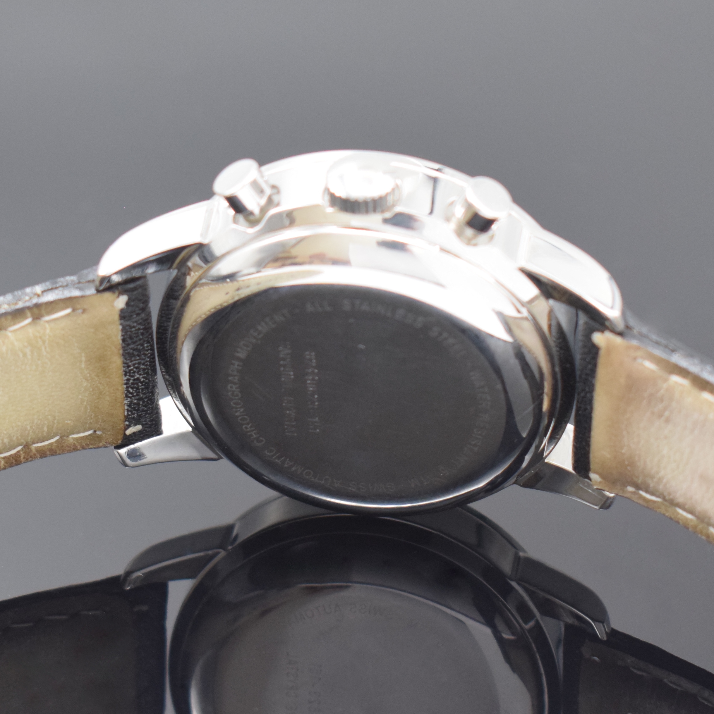 Detail d: CHRIST Armbandchronograph, Automatik, Deutschland/Schweiz um 2010, Edelstahlgeh. inkl. Lederband, Boden aufgedr., silb. Zifferbl. m. schwarzen ...