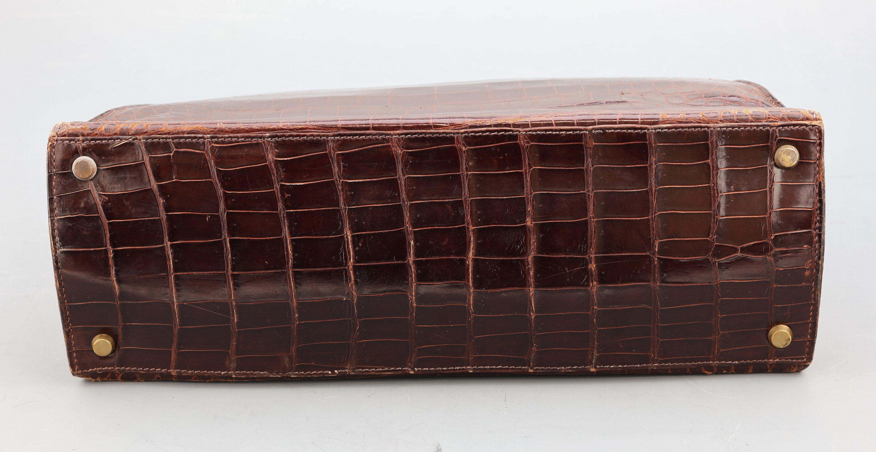 Detail b: Seltene Vintage HERMES KELLY Bag 32, 1960er Jahre, HERMES Shiny Crocodile in Havanna -Braun/schöner warmer Braunton, innen mit Ziegenleder, ...