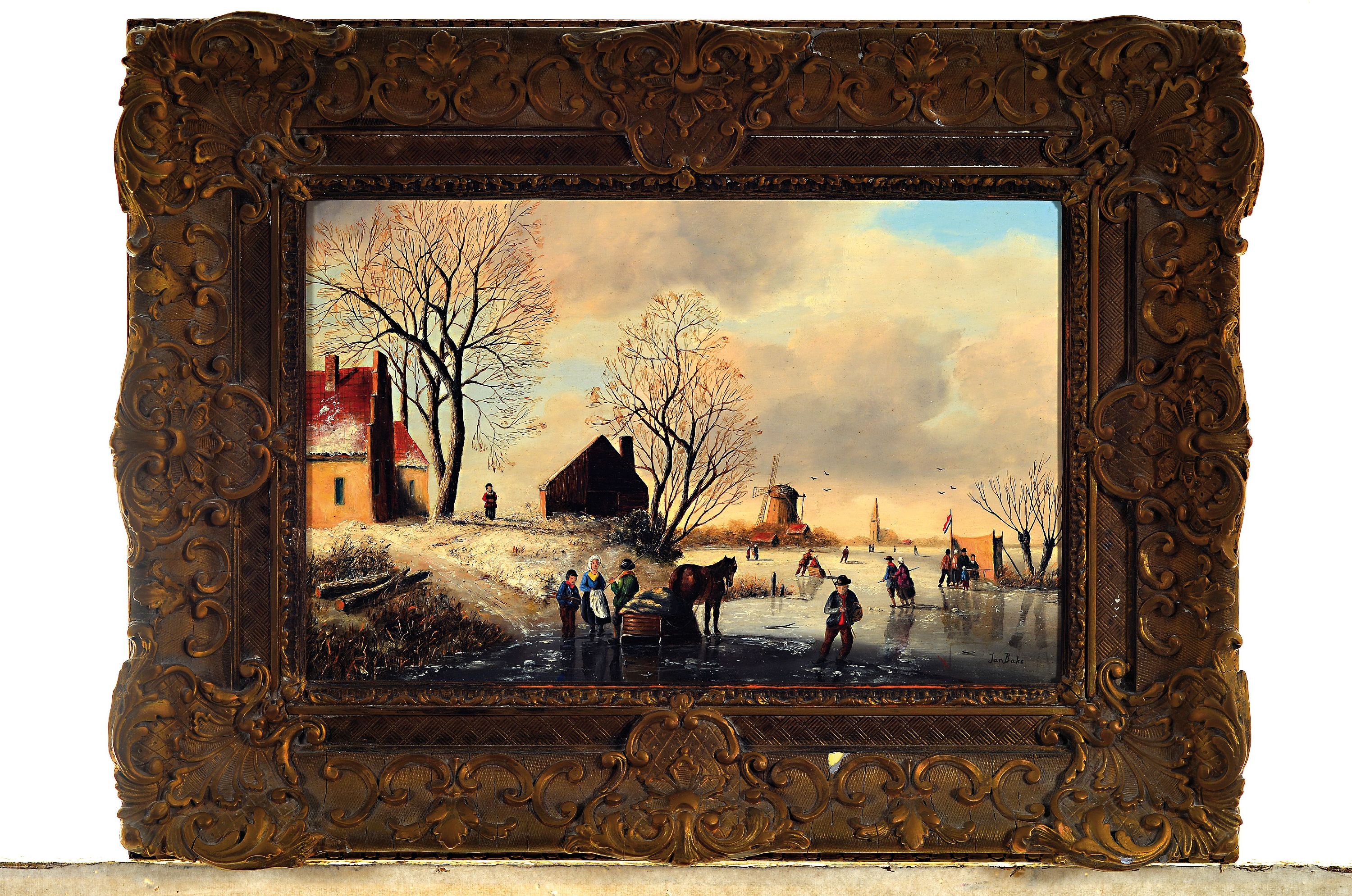 Detail k: Jan Baks, niederländischer Traditionalist, 20. Jh., Winterlandschaft mit Personen auf dem Eis, Öl/Holz, rechts unten sign., ca. 25x39cm, R. ca. ...