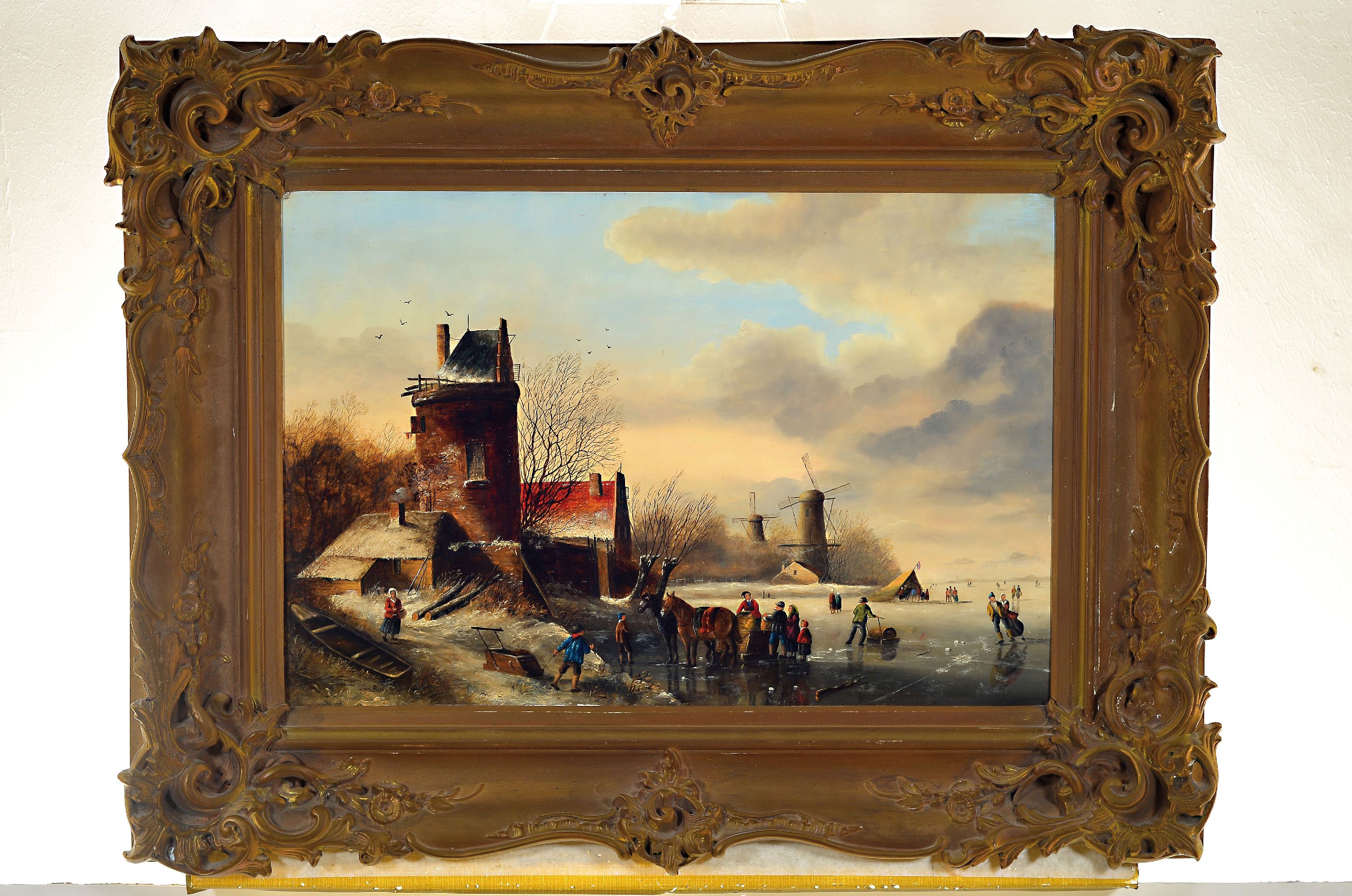 Detail k: Jan Baks, niederländischer Traditionalist, 20. Jh., Holländische Winterlandschaft mit Personen auf dem Eis und Ruinen seitlich, Öl/Holz, sign., ...