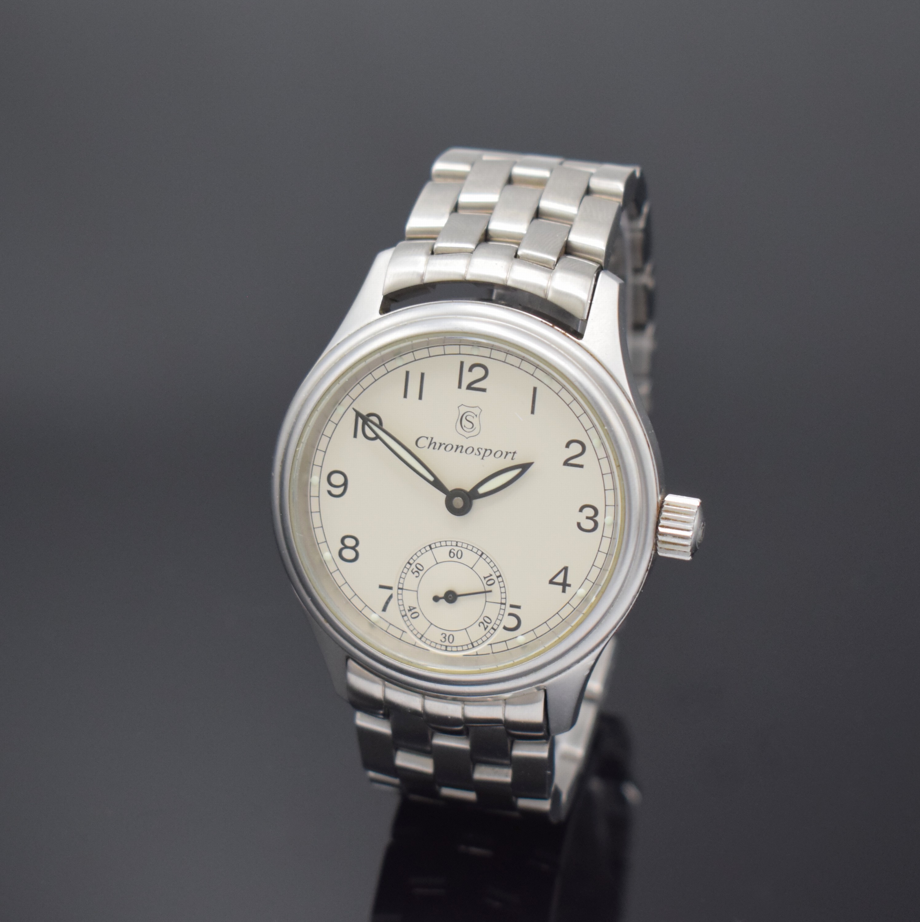 CHRONOSPORT Herrenarmbanduhr in Edelstahl, Schweiz um 2005, Handaufzug, Boden u. Krone verschr., Sinn Stahlband m. dopp. Faltschl., silb. Zifferbl. ...