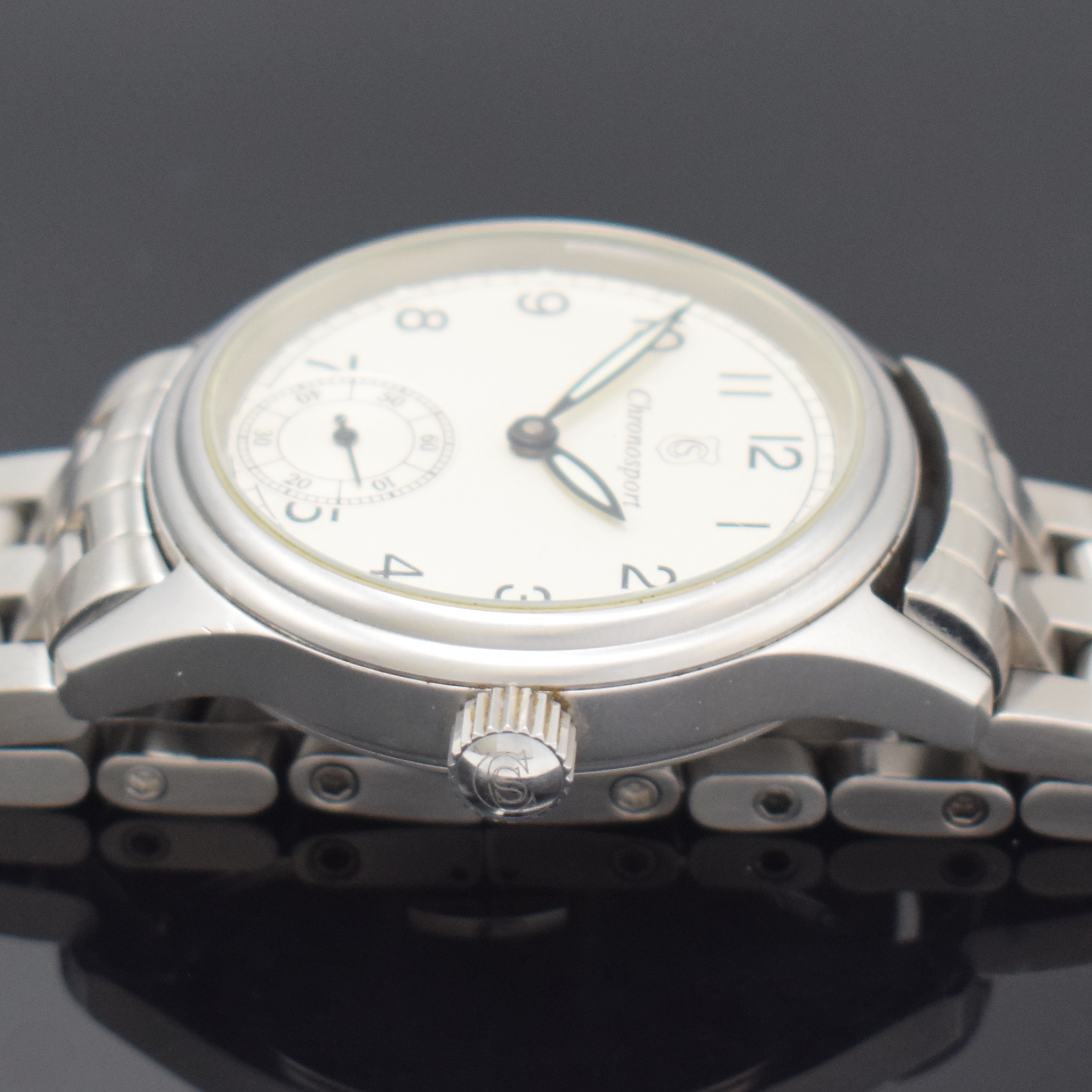 Detail c: CHRONOSPORT Herrenarmbanduhr in Edelstahl, Schweiz um 2005, Handaufzug, Boden u. Krone verschr., Sinn Stahlband m. dopp. Faltschl., silb. Zifferbl. ...