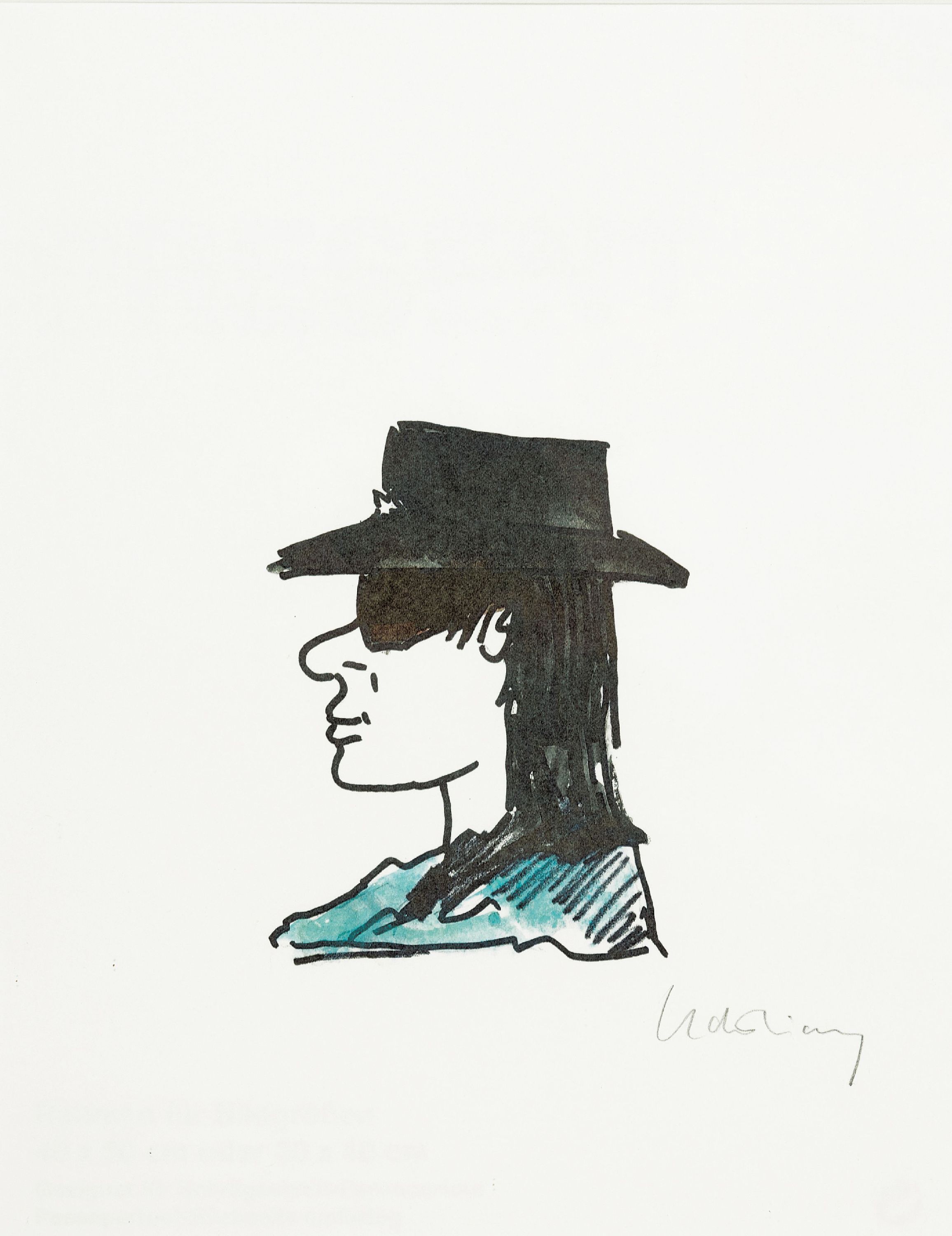 Udo Lindenberg, geb. 1946, Selbstporträt im Profil, Lithographie, teils aquarelliert/likörelliert, handsign., ca. 15x31cm, PP, u.Gl., R. ca. 50x40cm