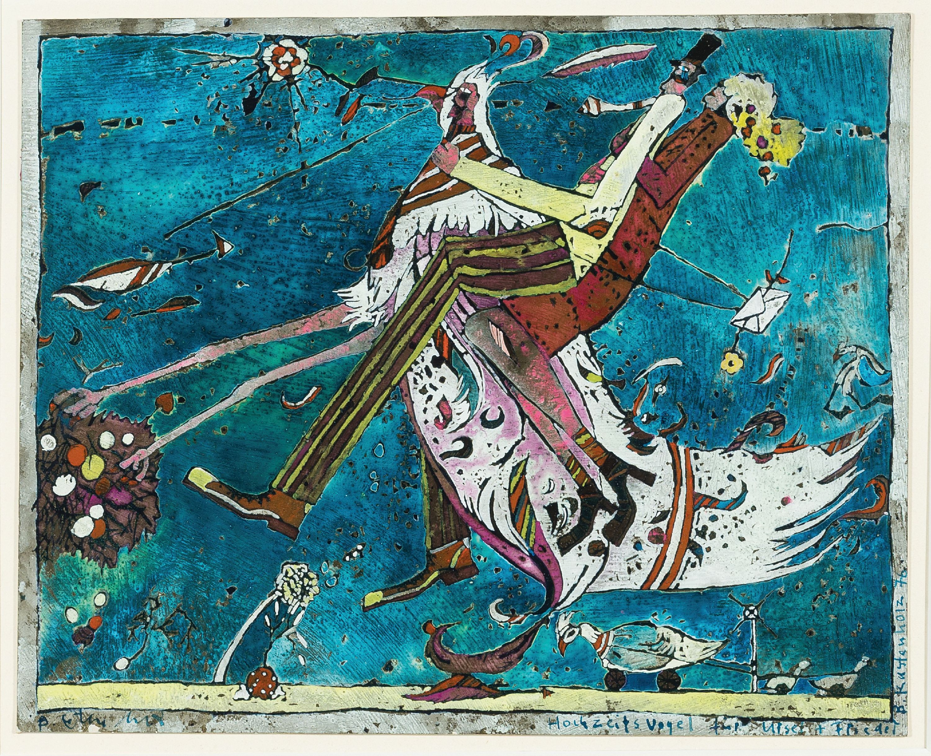 Bernd Kastenholz, geb. 1949 Speyer, Hochzeitsvogel, Gouache auf Karton, signiert und dat. 76, betitelt, mit Widmung: Für Ursel und Frieder, ca. ...