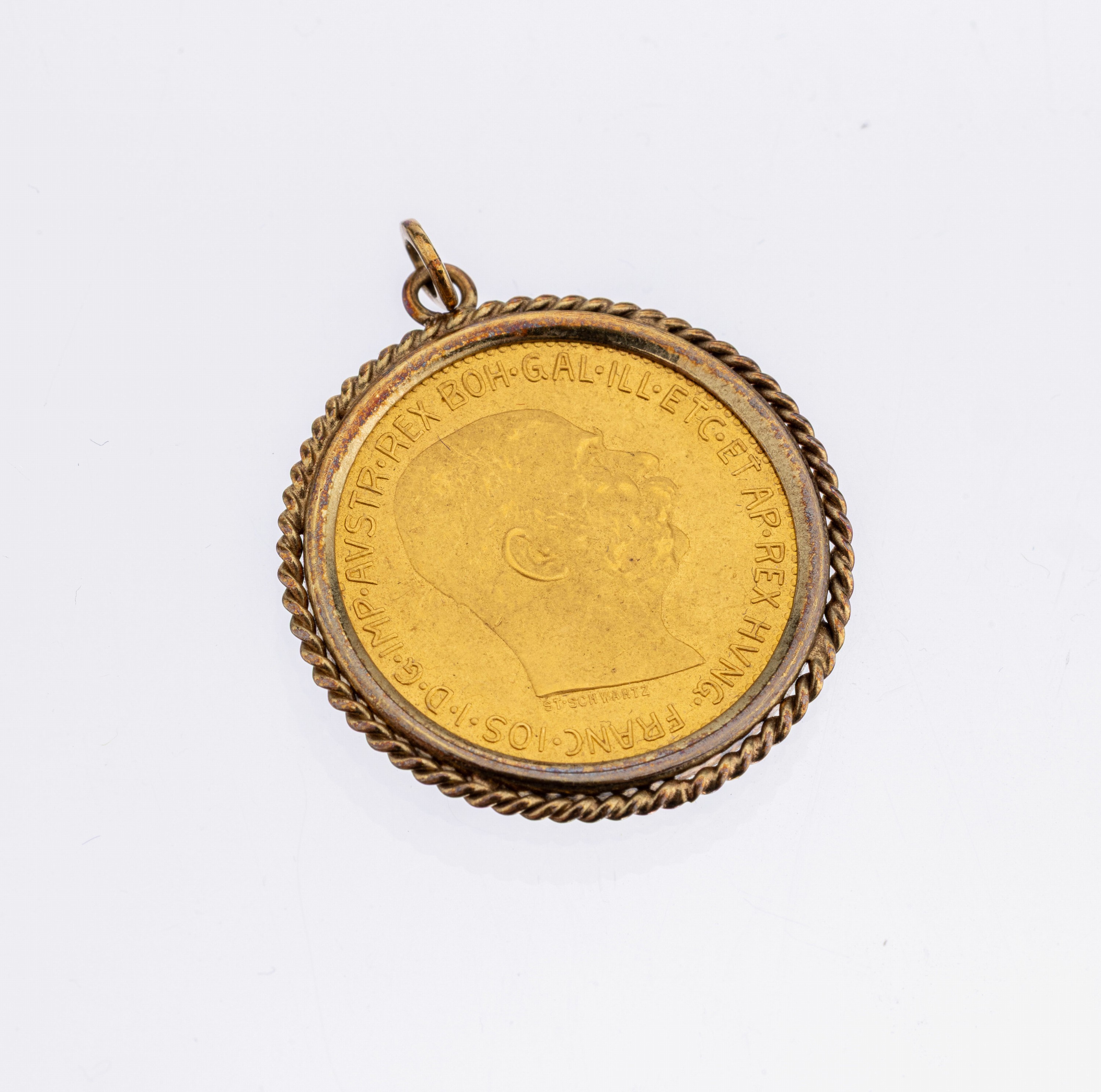14 kt Gold Münz-Anhänger, GG 585/000, gefasste Goldmünze 20 Kronen, Österreich- Ungarn, 1915 offizielle Nachprägung, Franz Josef I., ca. 8.4 g