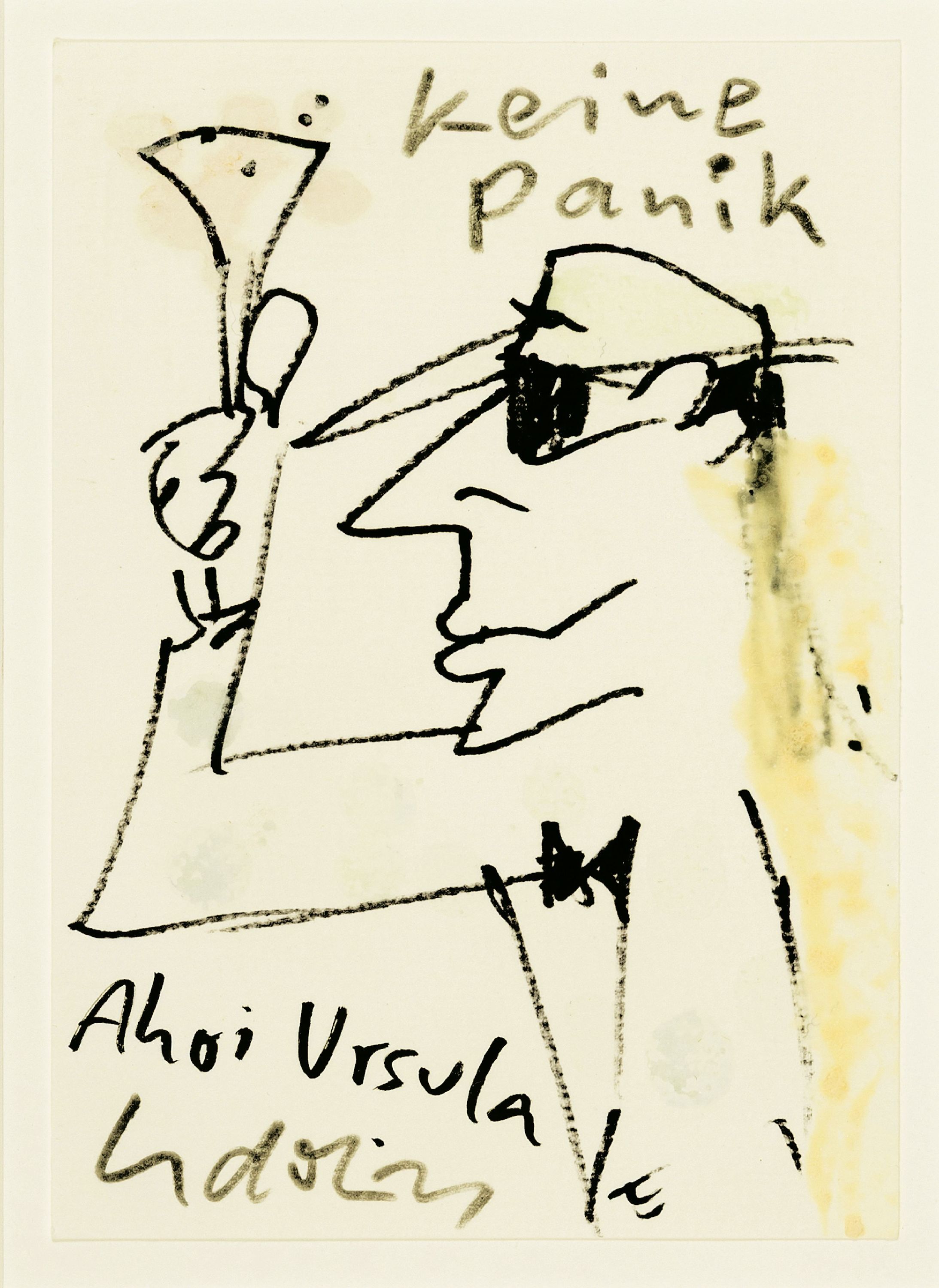 Udo Lindenberg, geb. 1946, Filzstiftzeichnung aquarelliert bzw. likörelliert, bez.: Keine Panik, Ahoi Ursula, signiert, ca. 15x10.5cm, PP, u.Gl., R. ...