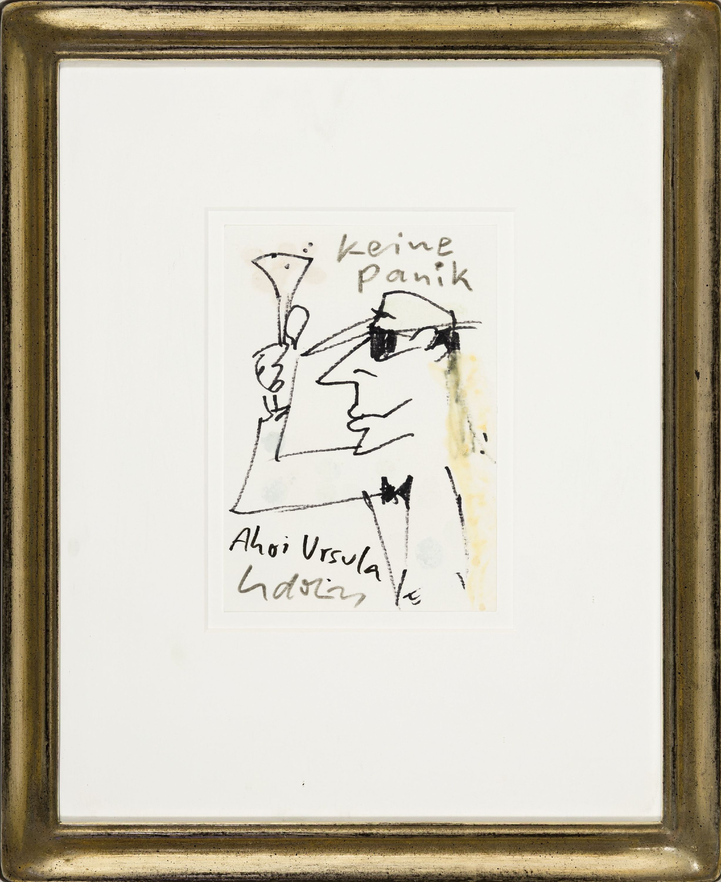 Detail k: Udo Lindenberg, geb. 1946, Filzstiftzeichnung aquarelliert bzw. likörelliert, bez.: Keine Panik, Ahoi Ursula, signiert, ca. 15x10.5cm, PP, u.Gl., R. ...