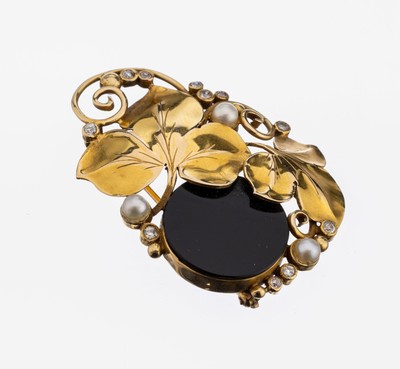 Image 14 kt Gold Onyx-Perl-Diamant-Brosche, GG 585/000 gepr., runde Onyxscheibe, 2 ...