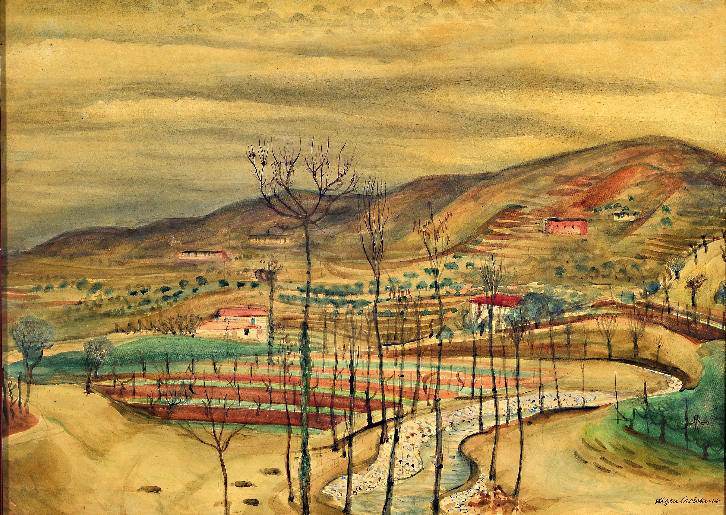 Eugen Croissant, 1898 Landau-1976 Breitbrunn, Weite Landschaft mit Baum bestandenem Bachlauf, Aquarell auf Papier, rechts unten signiert, ...