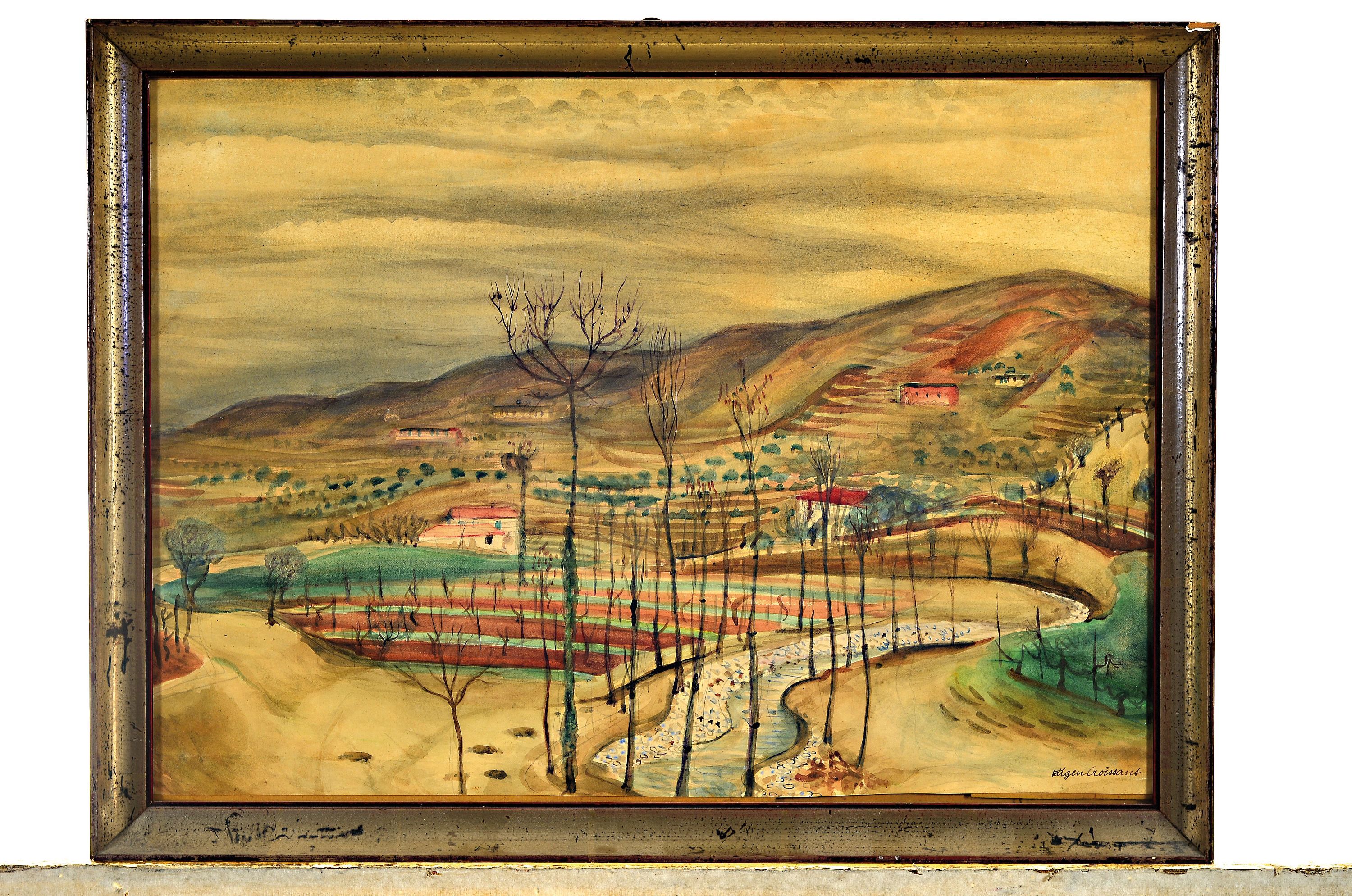 Detail k: Eugen Croissant, 1898 Landau-1976 Breitbrunn, Weite Landschaft mit Baum bestandenem Bachlauf, Aquarell auf Papier, rechts unten signiert, ...