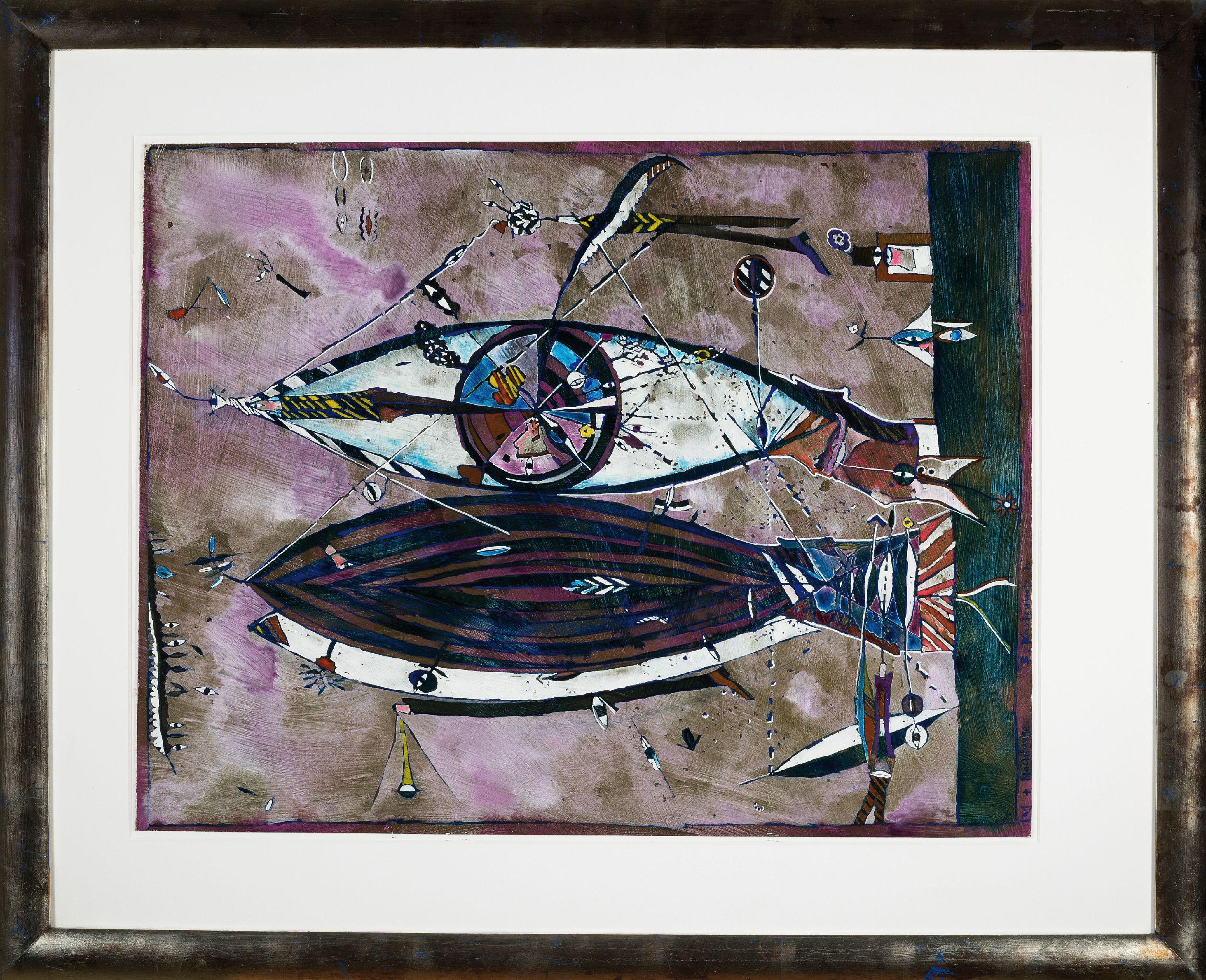 Bernd Kastenholz, geb. 1949 Speyer, Tag- und Nachtauge, Gouache auf Papier, sign., dat. 74, betitelt, ca. 56x44cm, PP, u.Gl., R. ca. 77x63cm
