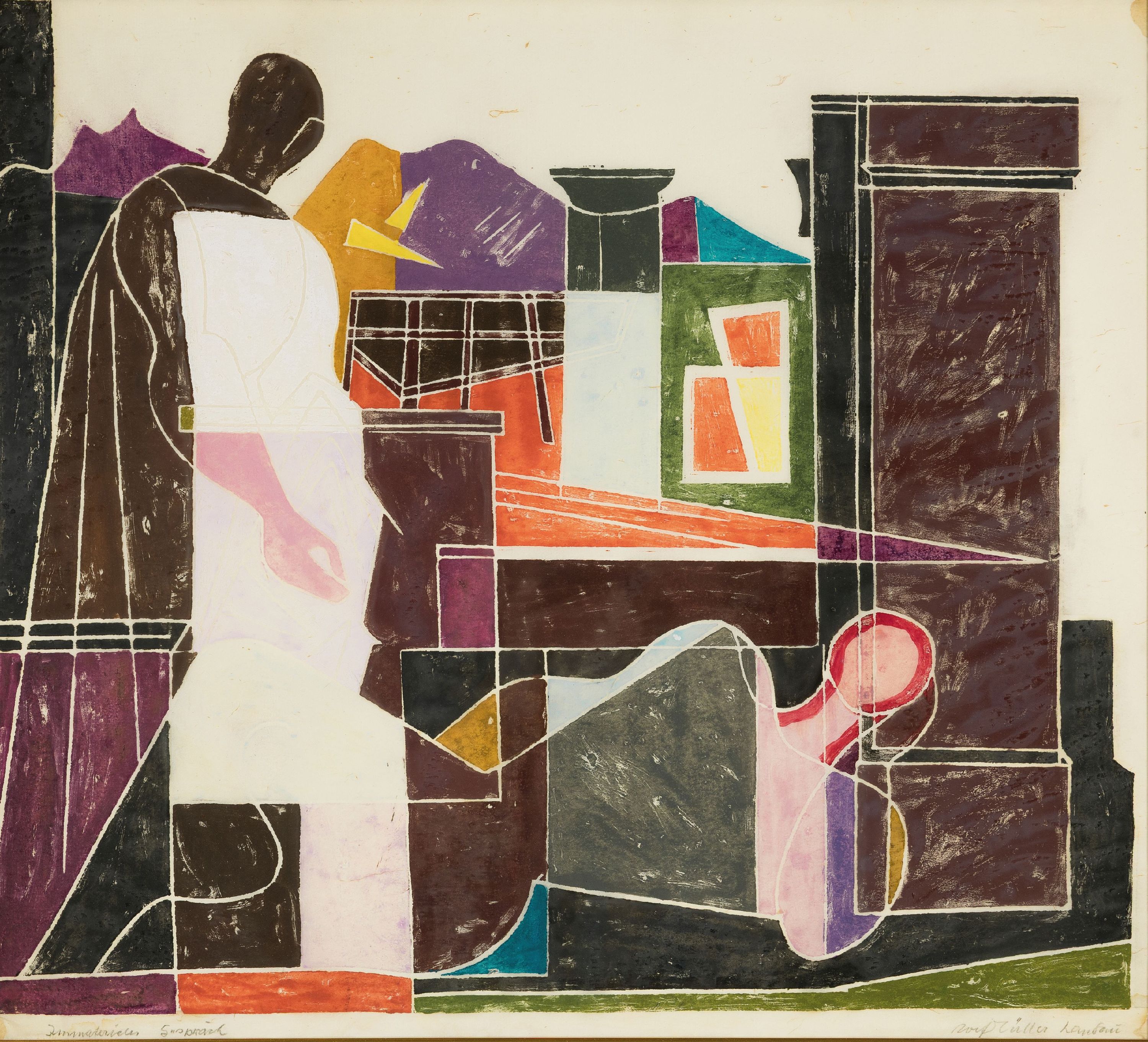 Rolf Müller-Landau, 1903-1956, Immaterieles Gespräch, Monotypie, betitelt, handsign., ca. 46x52cm, u.Gl., R. ca. 51x56cm, rechte obere Ecke mit ...