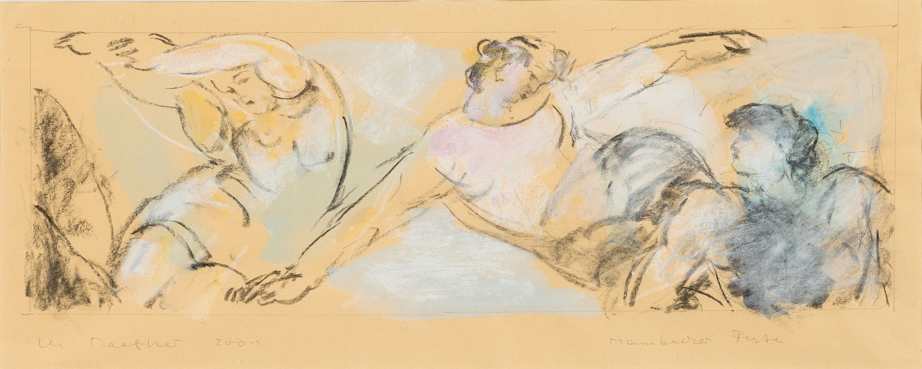 Detail d: Christiane Maether, 1941 Berlin-2024, 3 Arbeiten: 2 aquarellierte Kohlezeichnungen, beide sign. und dat. 2001, betitelt Hambacher Feste, je ca. ...