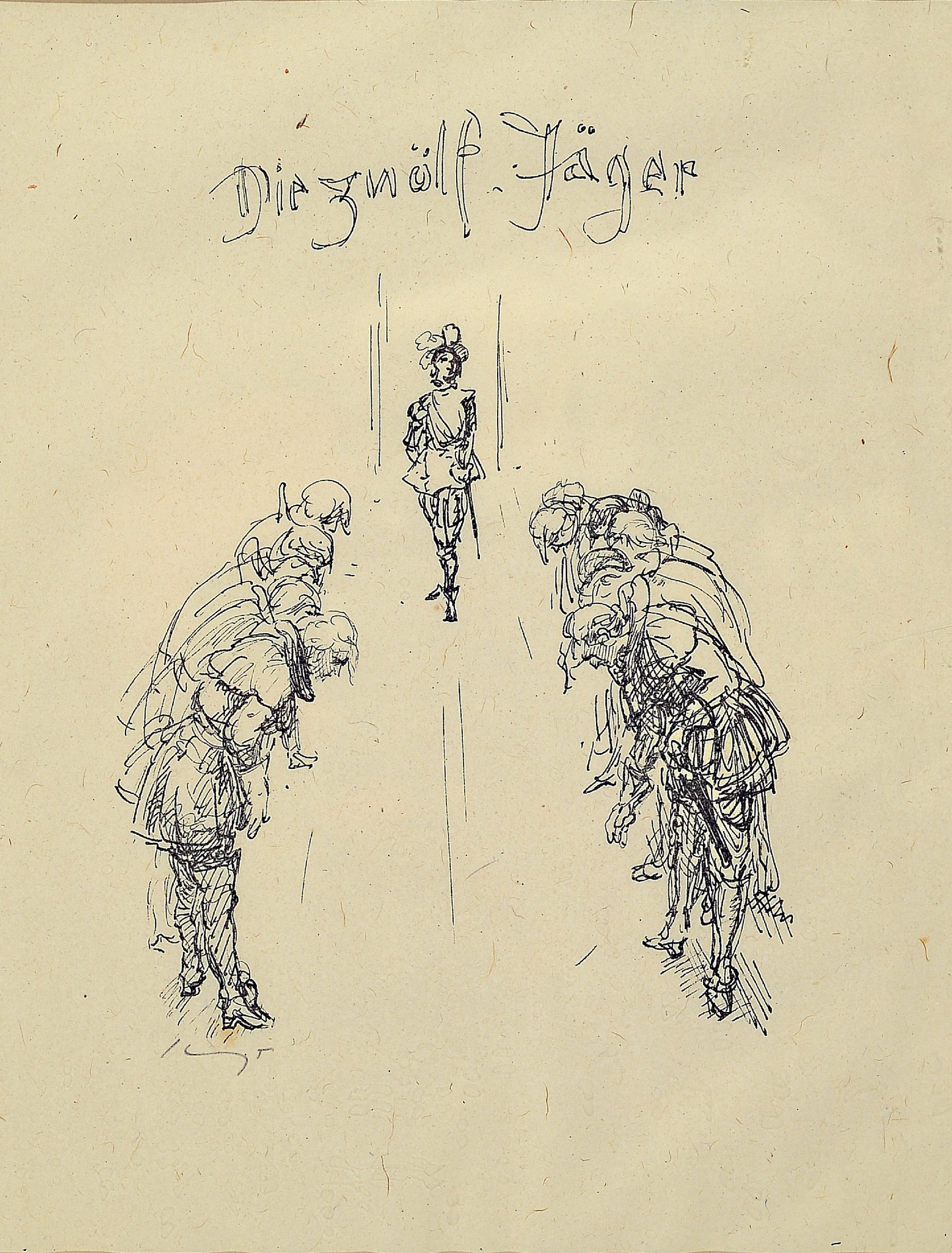 Detail a: Max Slevogt, 1868 Landshut-1932 Leinsweiler,2 handsignierte Radierungen: 1 x Titelblatt zudie zwölf Jäger, ca. 17x12cm, PP, u.Gl., R. ca. 35x28cm; ...