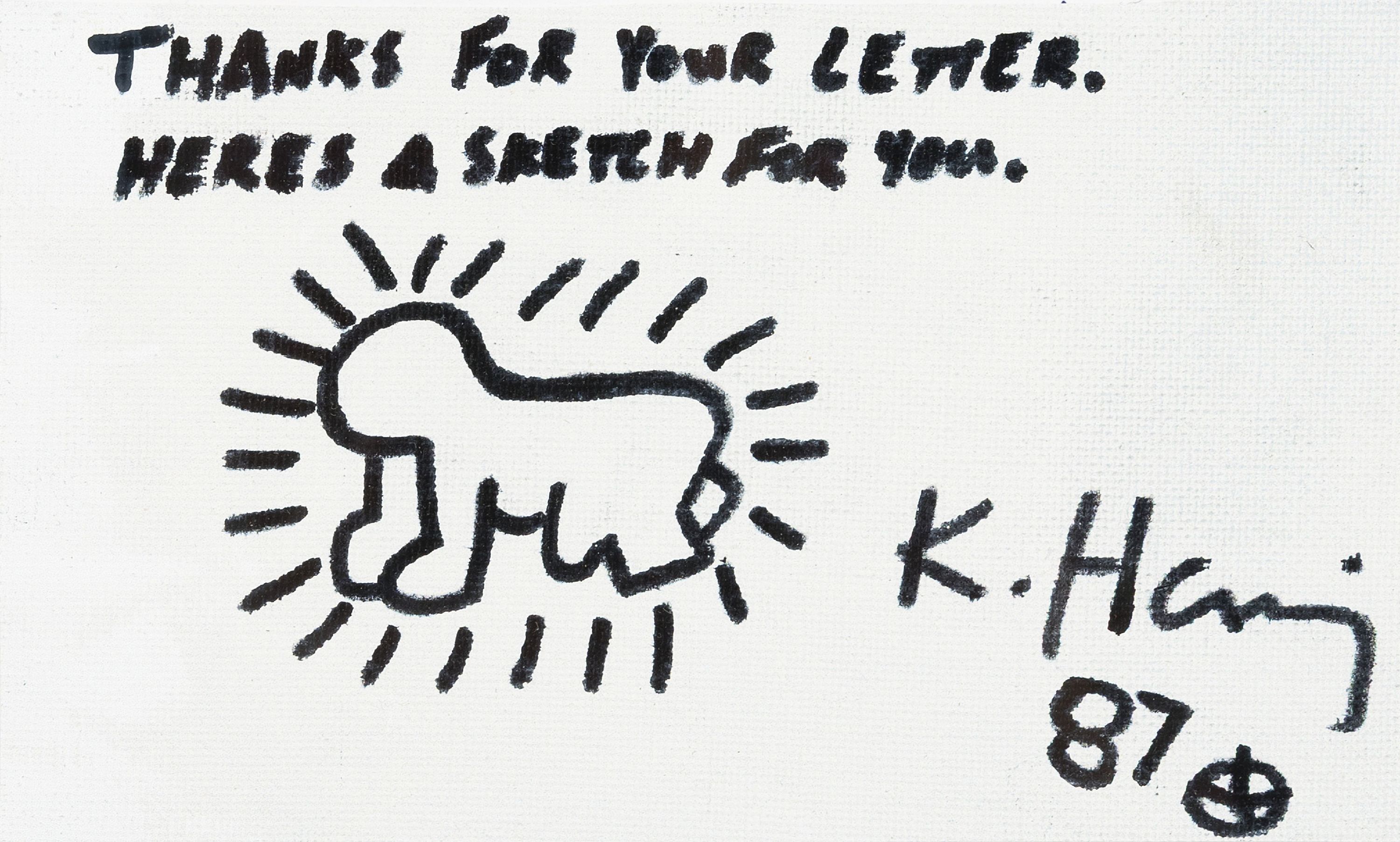 Keith Haring, 1958 Reading/PA-1990 New York,Zeichnung mit Filzstift auf weiß getünchter Lwd, Dankschreibung mit Baby, signiert und datiert 1987, ...