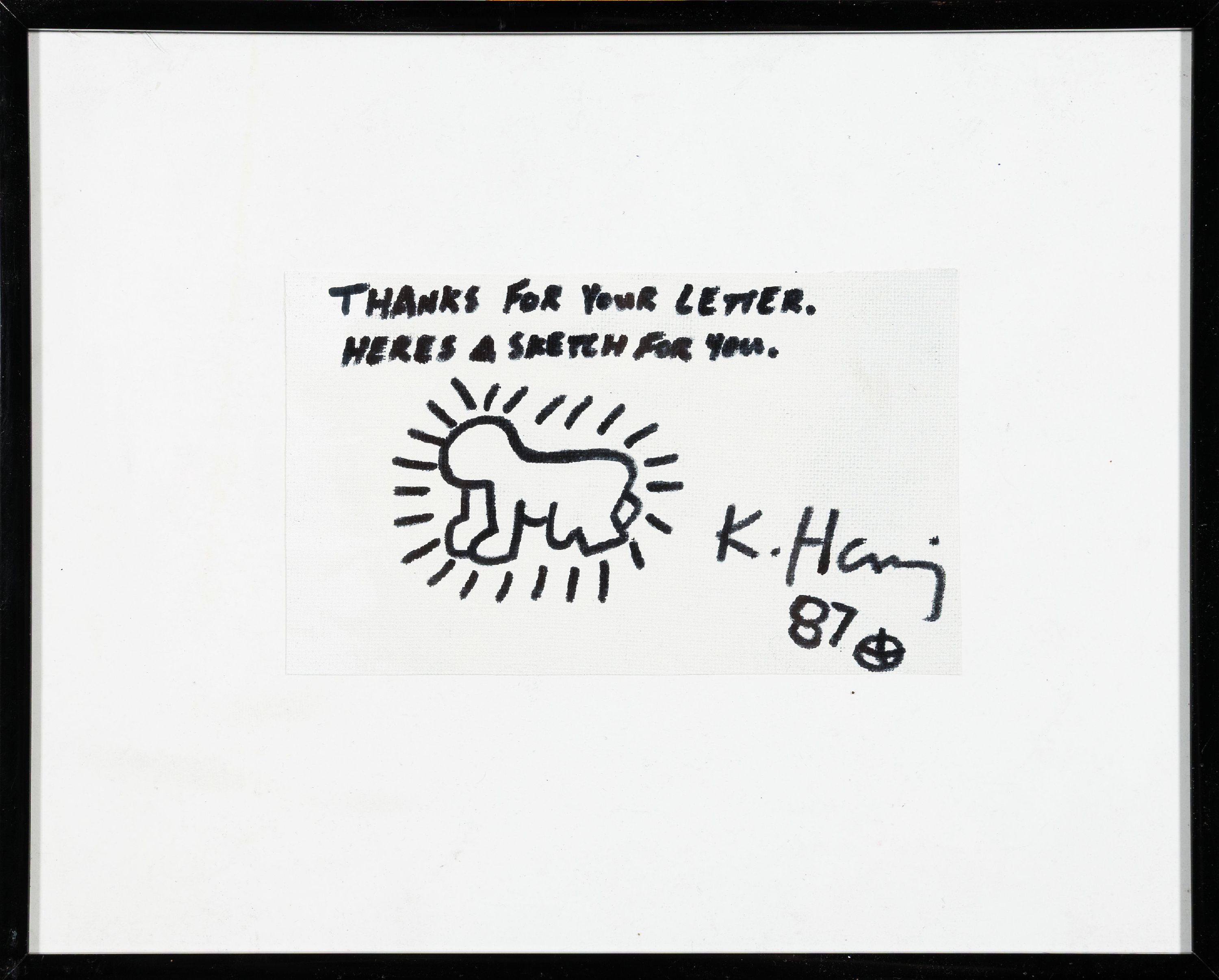 Detail k: Keith Haring, 1958 Reading/PA-1990 New York,Zeichnung mit Filzstift auf weiß getünchter Lwd, Dankschreibung mit Baby, signiert und datiert 1987, ...