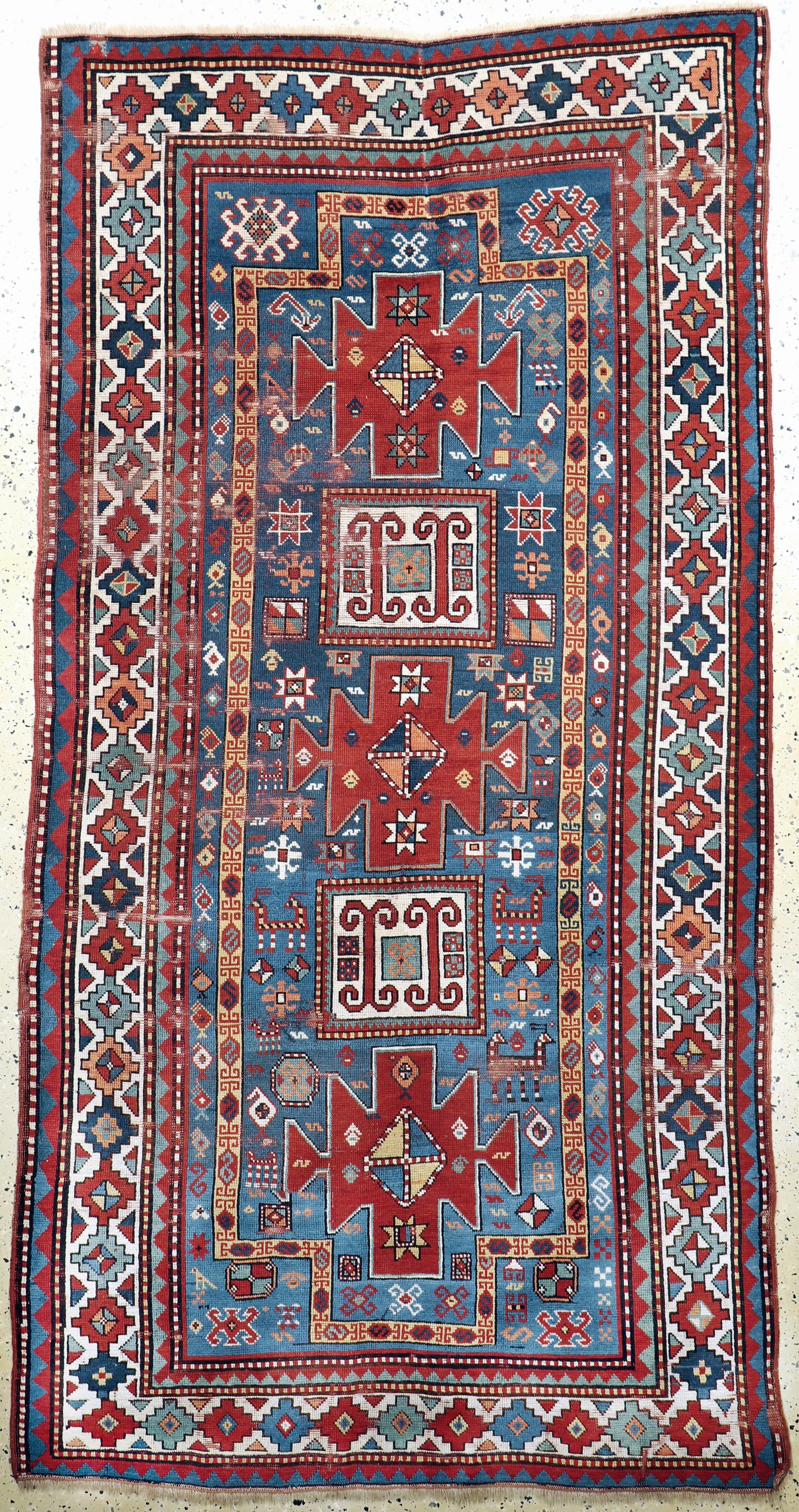 Antiker"Karachoph"Kazak, Kaukasus, 19.Jhd, Wolle auf Wolle, ca. 260 x 140 cm, EHZ: 3 (geflickte Trittfalte).