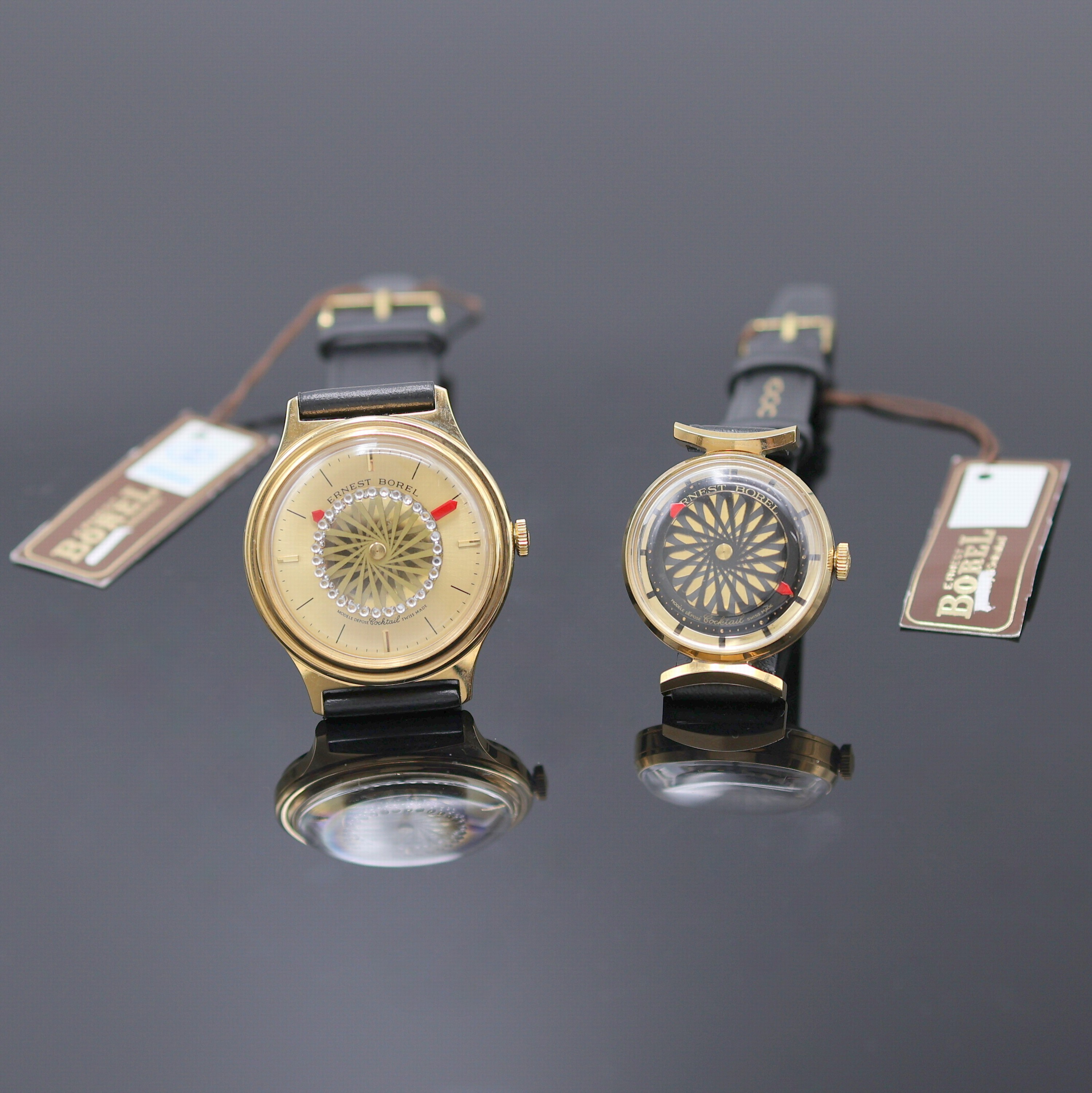 ERNEST BOREL 2 Cocktail Armbanduhren, Schweiz um 1965, Handaufzug, vergoldete und beids. vergl. Geh., Borel Lederbänder m. verg. Dornschl., Böden ...