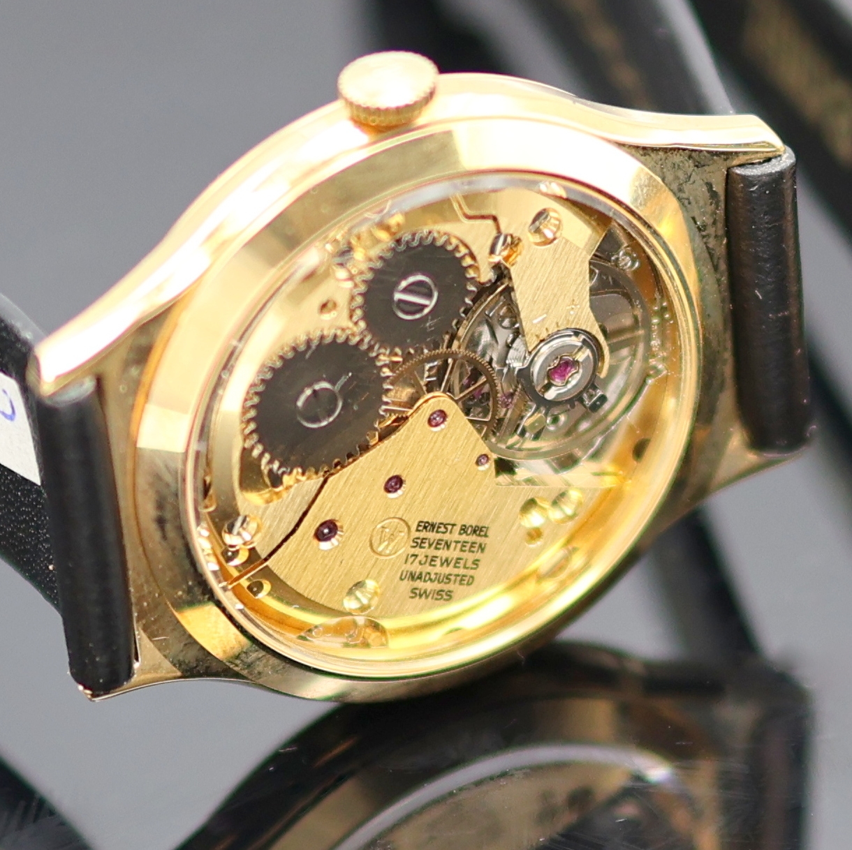 Detail e: ERNEST BOREL 2 Cocktail Armbanduhren, Schweiz um 1965, Handaufzug, vergoldete und beids. vergl. Geh., Borel Lederbänder m. verg. Dornschl., Böden ...