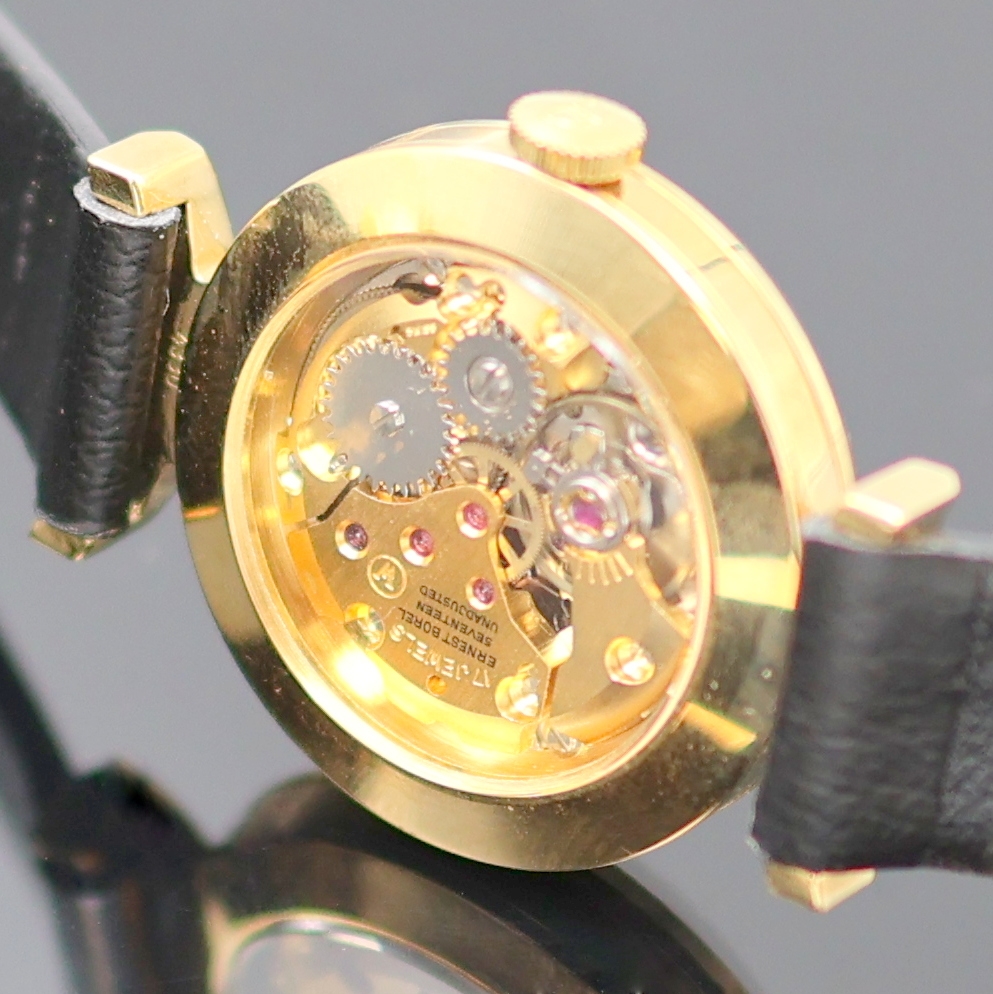 Detail f: ERNEST BOREL 2 Cocktail Armbanduhren, Schweiz um 1965, Handaufzug, vergoldete und beids. vergl. Geh., Borel Lederbänder m. verg. Dornschl., Böden ...